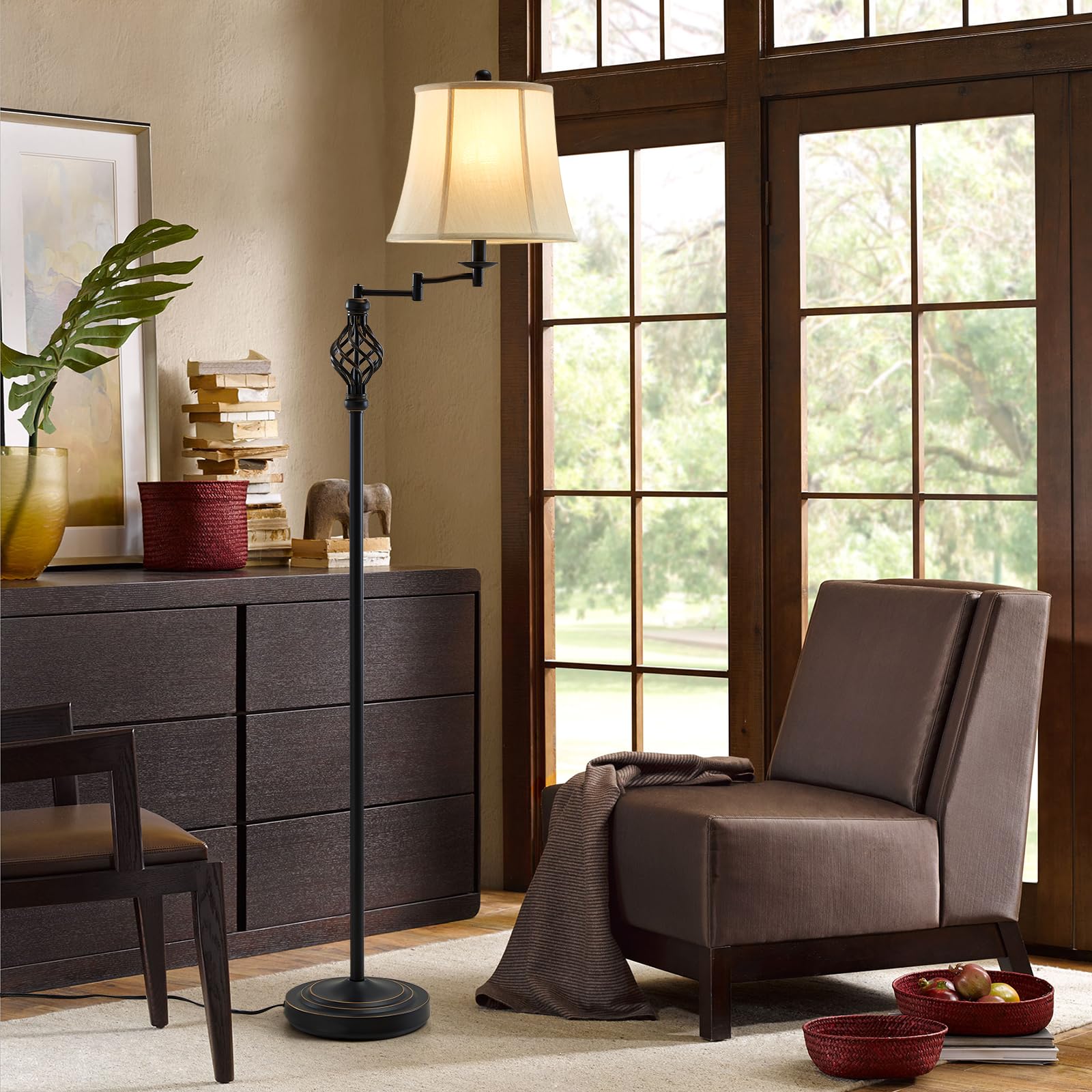 Gyrovu Adjustable 350° Swing Arm Led Floor Lamp, Vintage Beige Bell Lampshade For Living Rooms