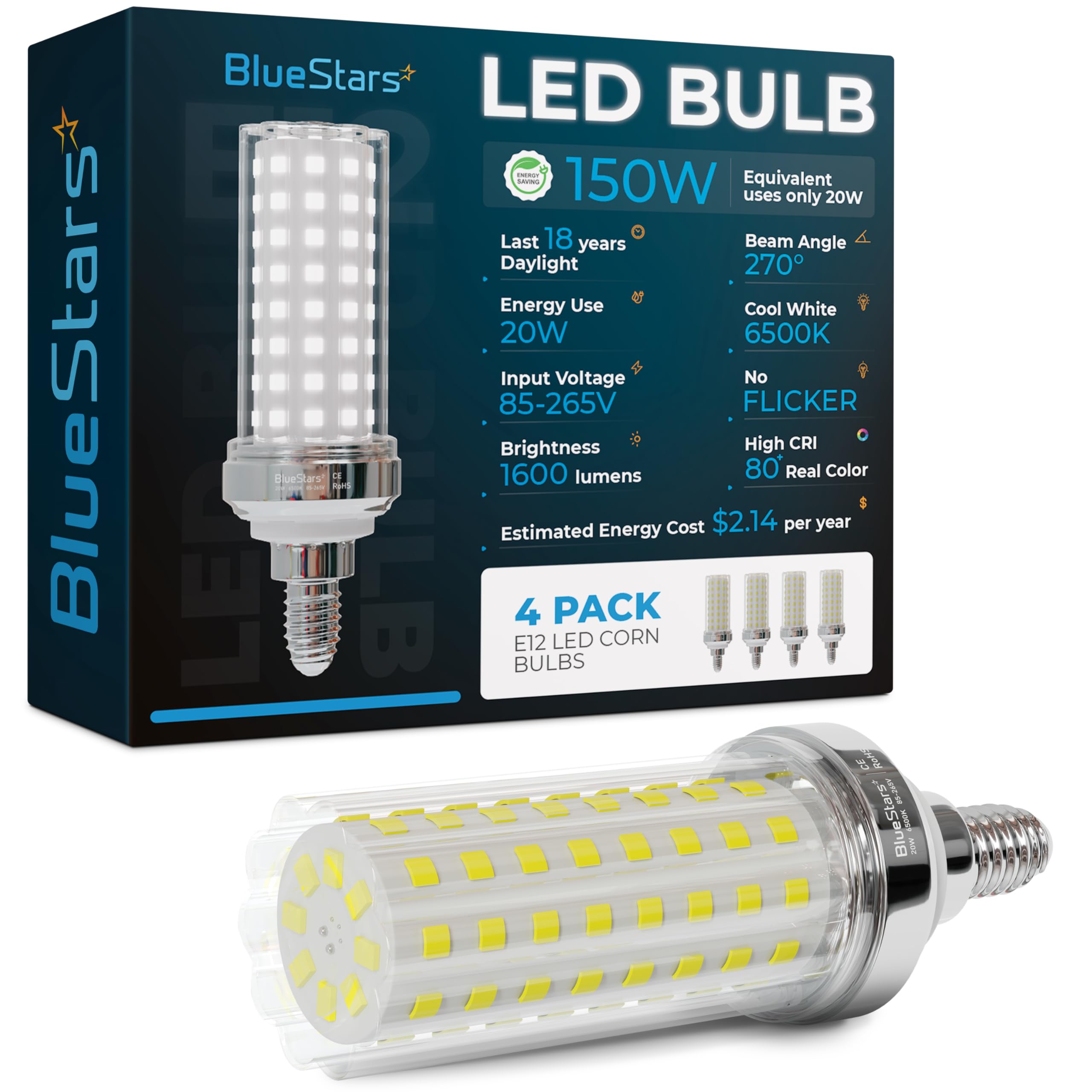 BlueStars 4 Packs E12 20W LED Corn Light Bulbs [4.5in], Candelabra Base 150W Equivalent 6500K Cool Daylight Blue White 1600 lume