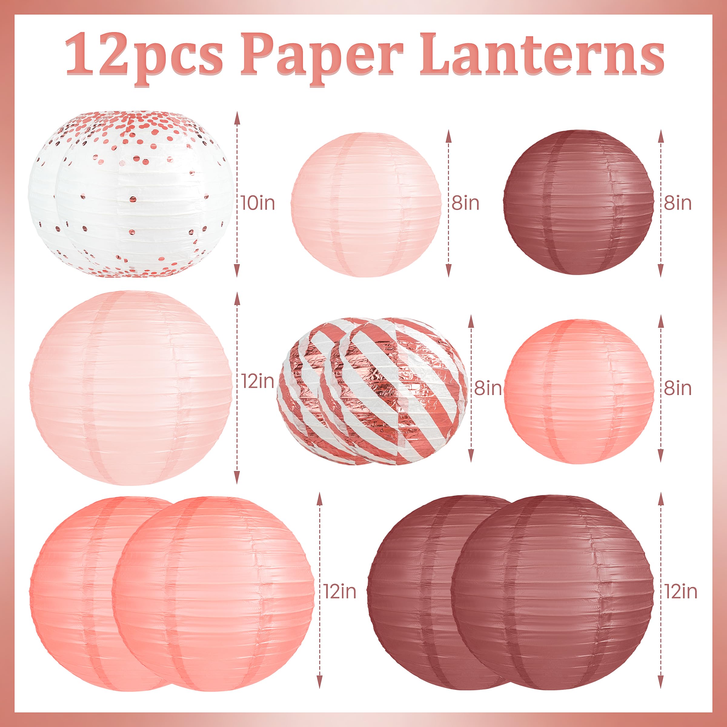 12Pcs Rose Gold Vintage Floral Wedding Hanging Paper Lanterns Decorations Rose Gold Birthday Decorations Bachelorette Bridal Sho