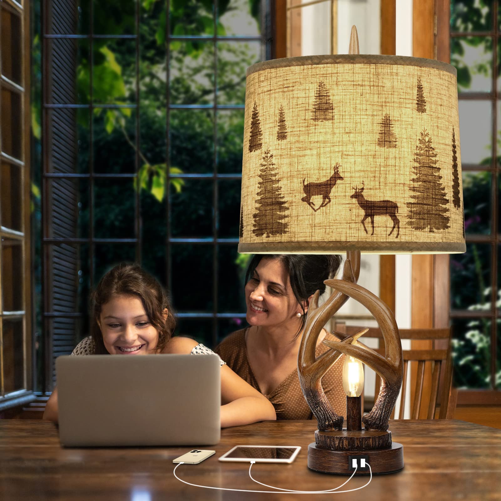Scenekoy Rustic Farmhouse Antlers Table Lamp Set Of 2 With Nightlight Dual Usb Ports Linen Fabric Round Shade Bedside Lamp Decor For Living Room Bedroom Office House