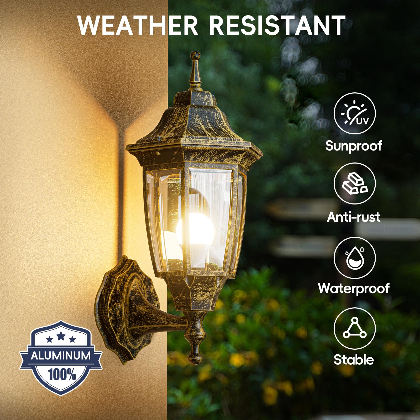 EMART Outdoor Wall Lamp, Waterproof Aluminum & Glass, 2 Pack, Gold, Model EM-AGGL-2