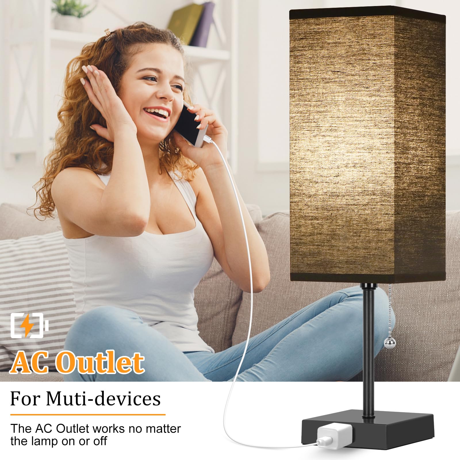 Dott Arts Table Lamp Set of 2, 3-Color, 18in Black Plastic Nightstand Lamps with Pull Chain and AC Outlets, Model PTL6W-028