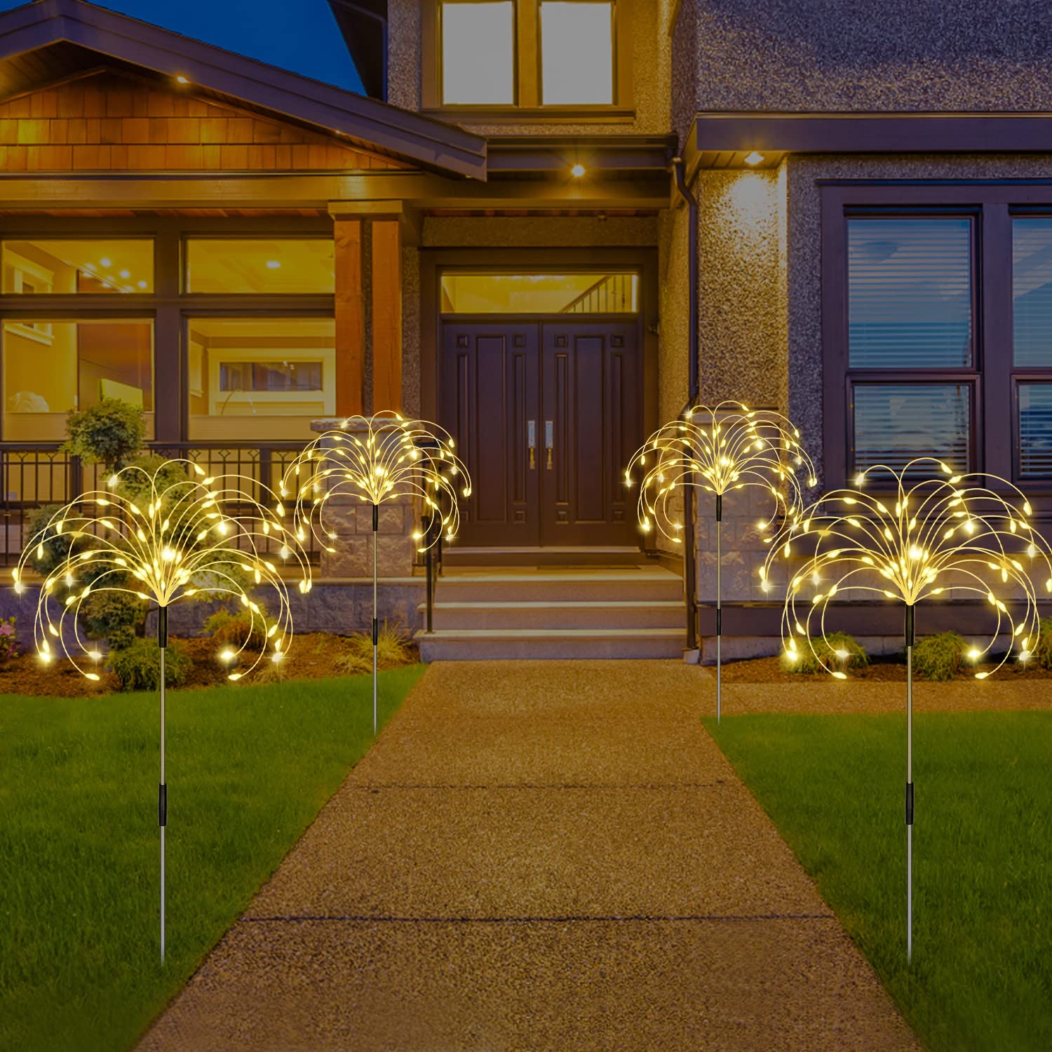 5 Pack Solar Garden Lights, Firework Lights Outdoor Waterproof 120 Led 8 Modes With Remote Control, Decorative Solar Lights Firework Lamps Fairy Decor Stake Pathway Lights For Outside Yard(Warm White)