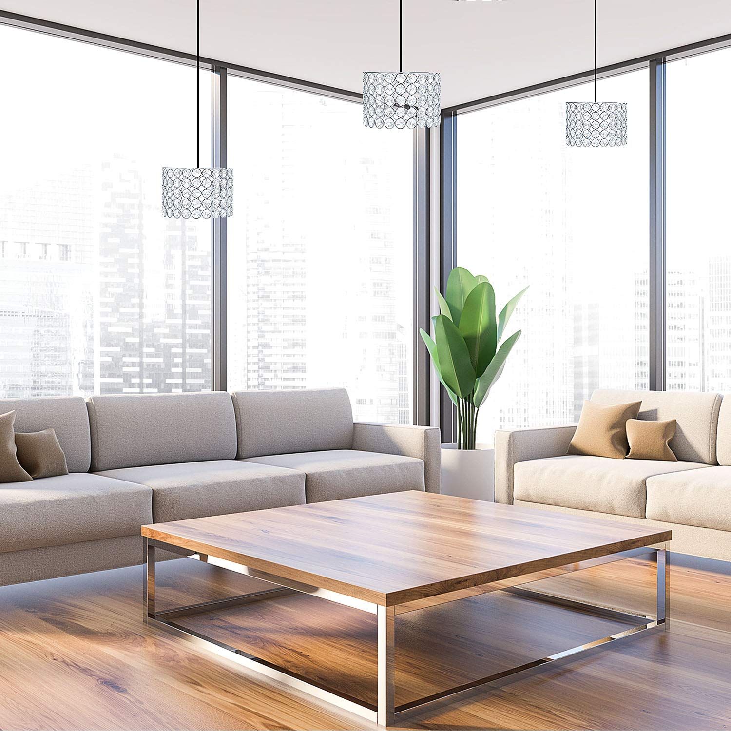 Boao Crystal Lamp Shade Chandelier, Warm White, 7 x 7 x 4.3 Inch, Silver, Model: Boao-Pendant Lights-p1432