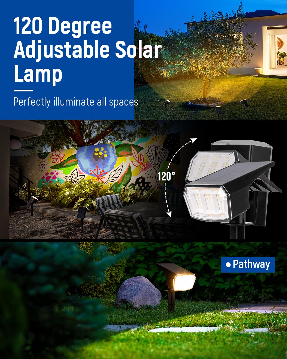 Auderwin Solar Spotlights Outdoor 63 Led 3 Lighting Modes, Ip65 Waterproof Lighten Yard Garden House Garage Pathway For Christma