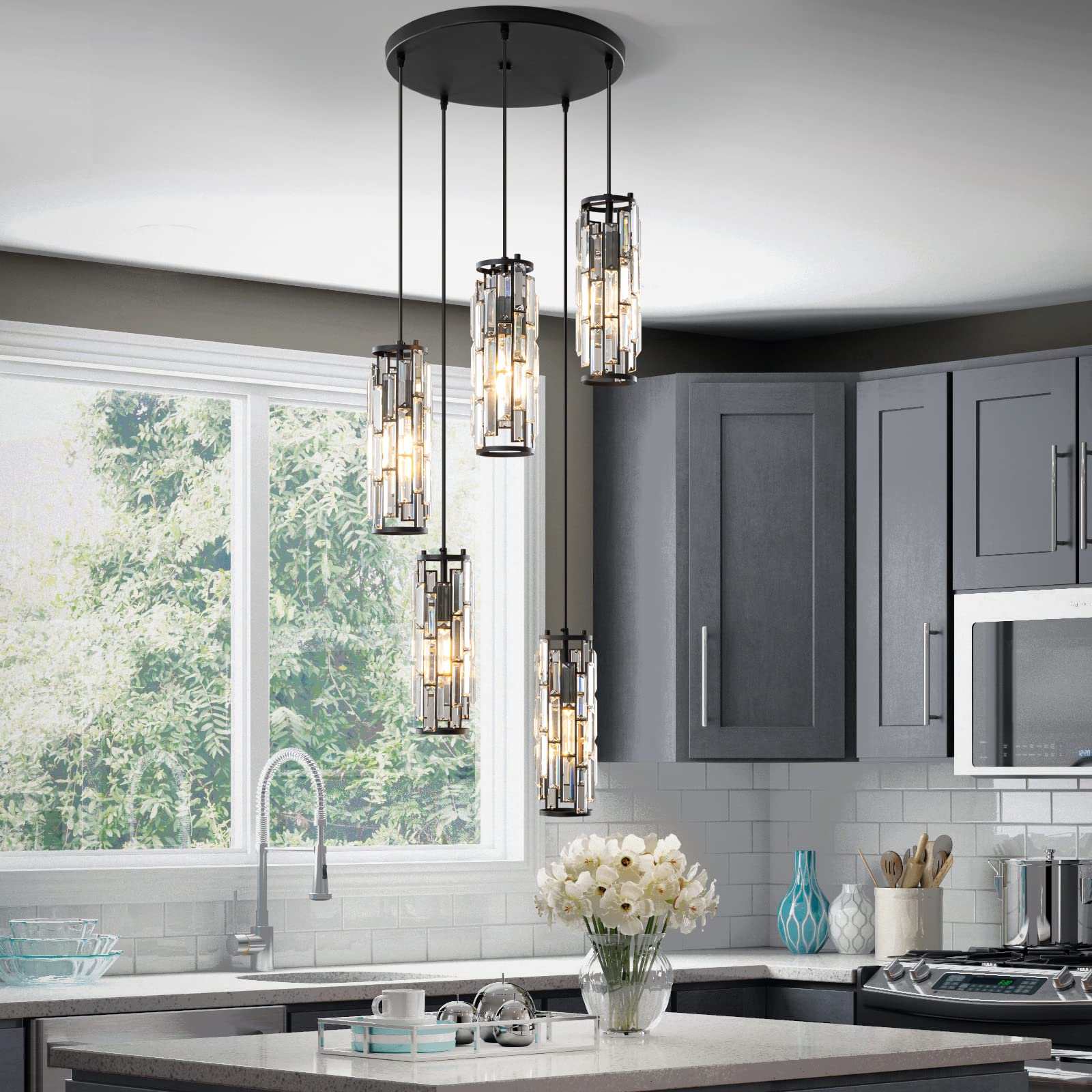 Lmqnine 5-Light Black Modern Pendant Light, Adjustable Mini Crystal Chandelier For Dining Room