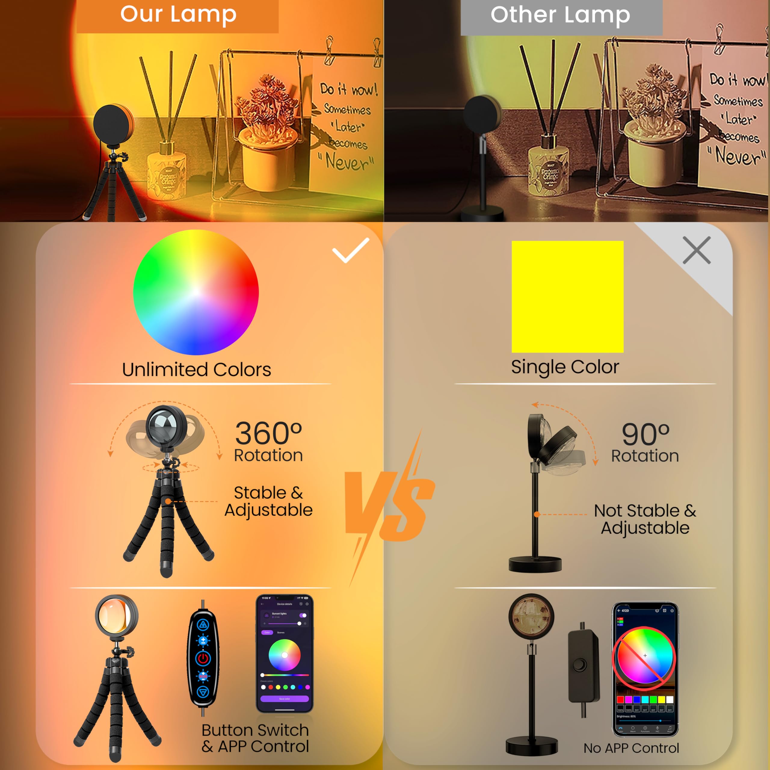 Xebkor Multicolor Sunset Lamp Projector - Led 360° Rotation, App Control For Bedroom & Decor