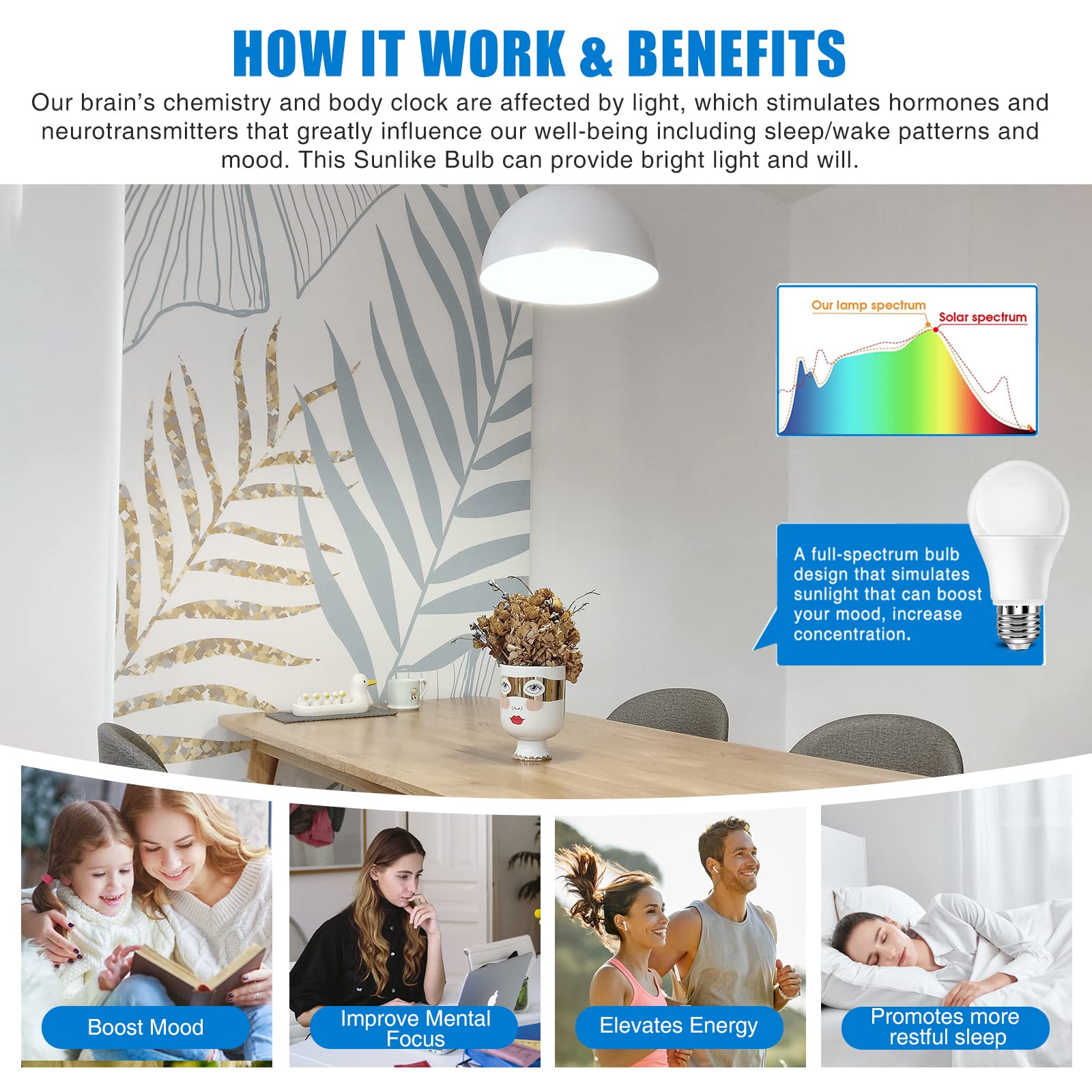 Neporal LED Full Spectrum Light Bulbs, 6000K Cool White, 9W (60W Equivalent), Pack of 3, Plastic, Ideal for Study, Office, Bedroom