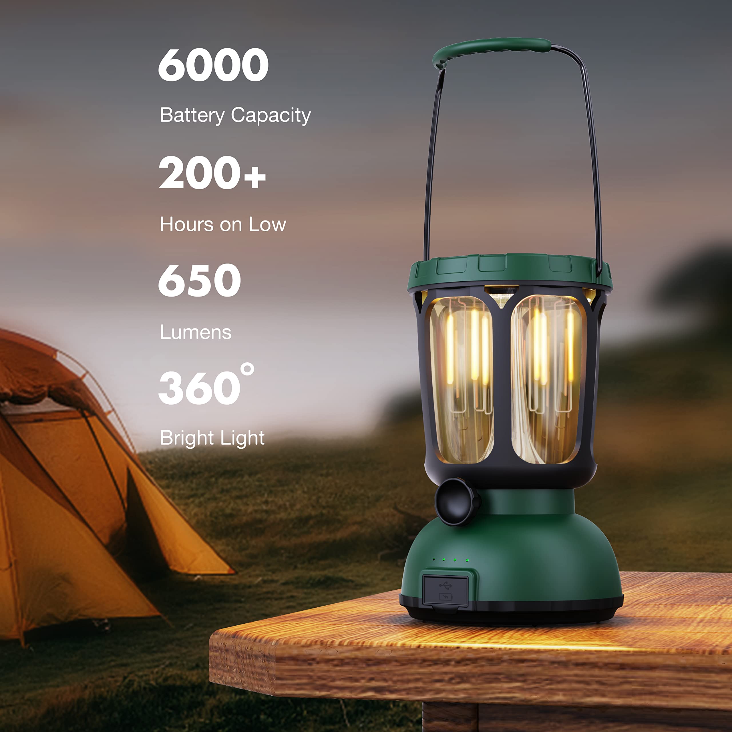 Raynic 6000 LED Camping Lantern - 650LM Hand Crank Solar Rechargeable, Green, ABS Material, Perfect for Emergencies and Power Failures
