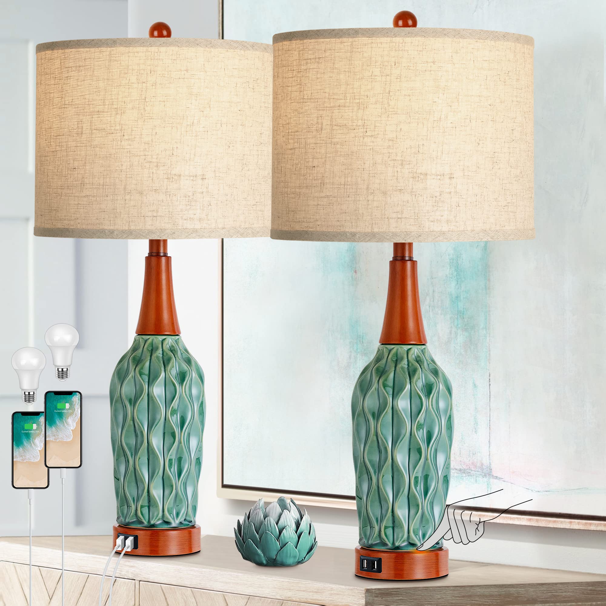 Vpazg Vintage Table Lamps Set Of 2, Turquoise 3-Way Dimmable With Usb Port & Linen Shade