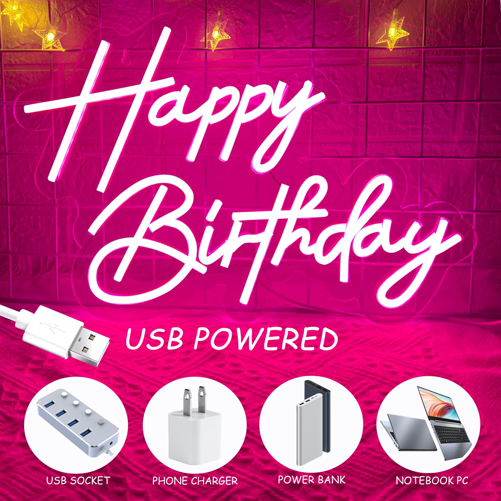 BerniceKelly Happy Birthday Neon Sign, Pink LED Light, 17x12 Inch, Model AW-12