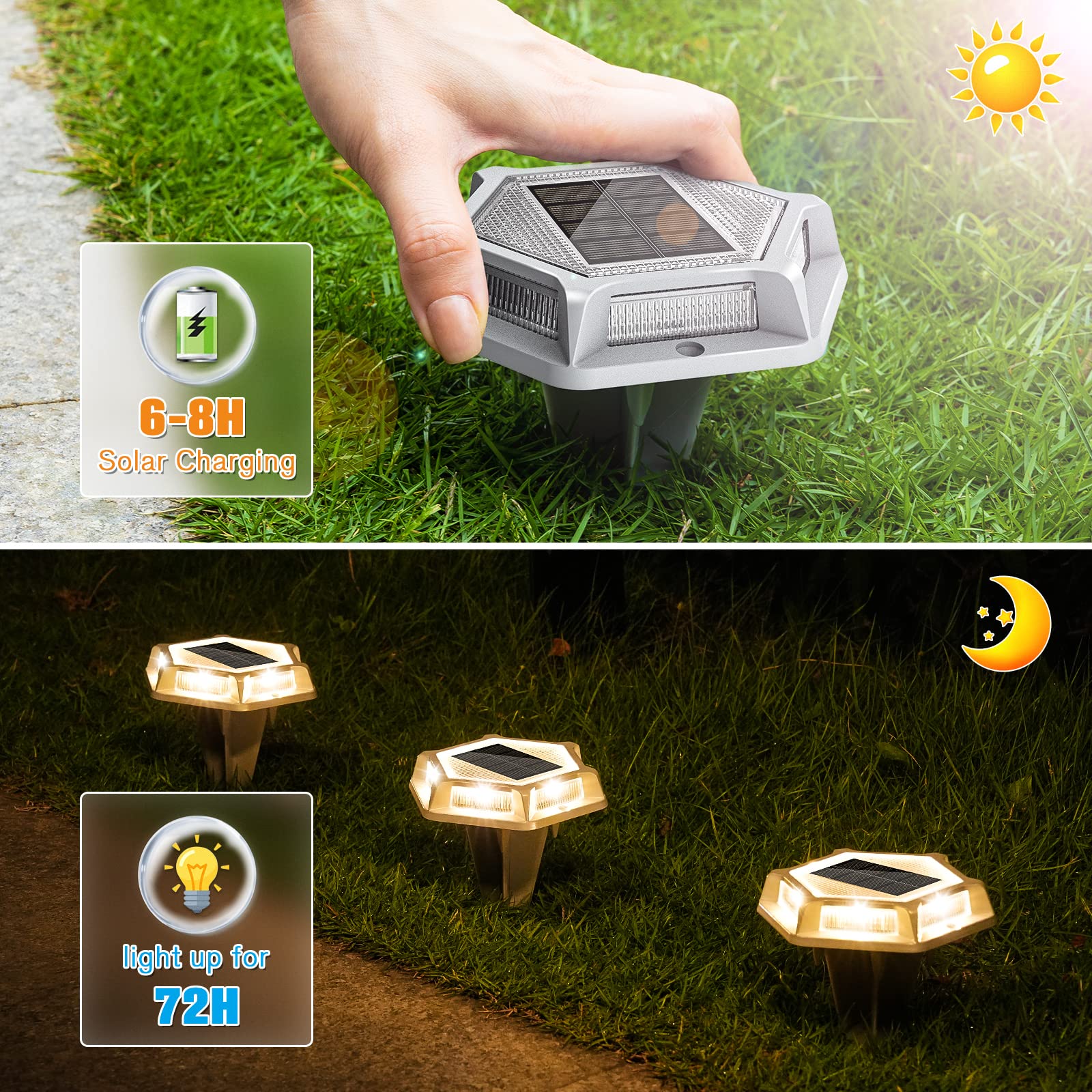 VOLISUN Solar Driveway Lights, 12 Pack Waterproof LED Marker Lights, Cast Aluminium, White/Warm White, Model 21147ZM