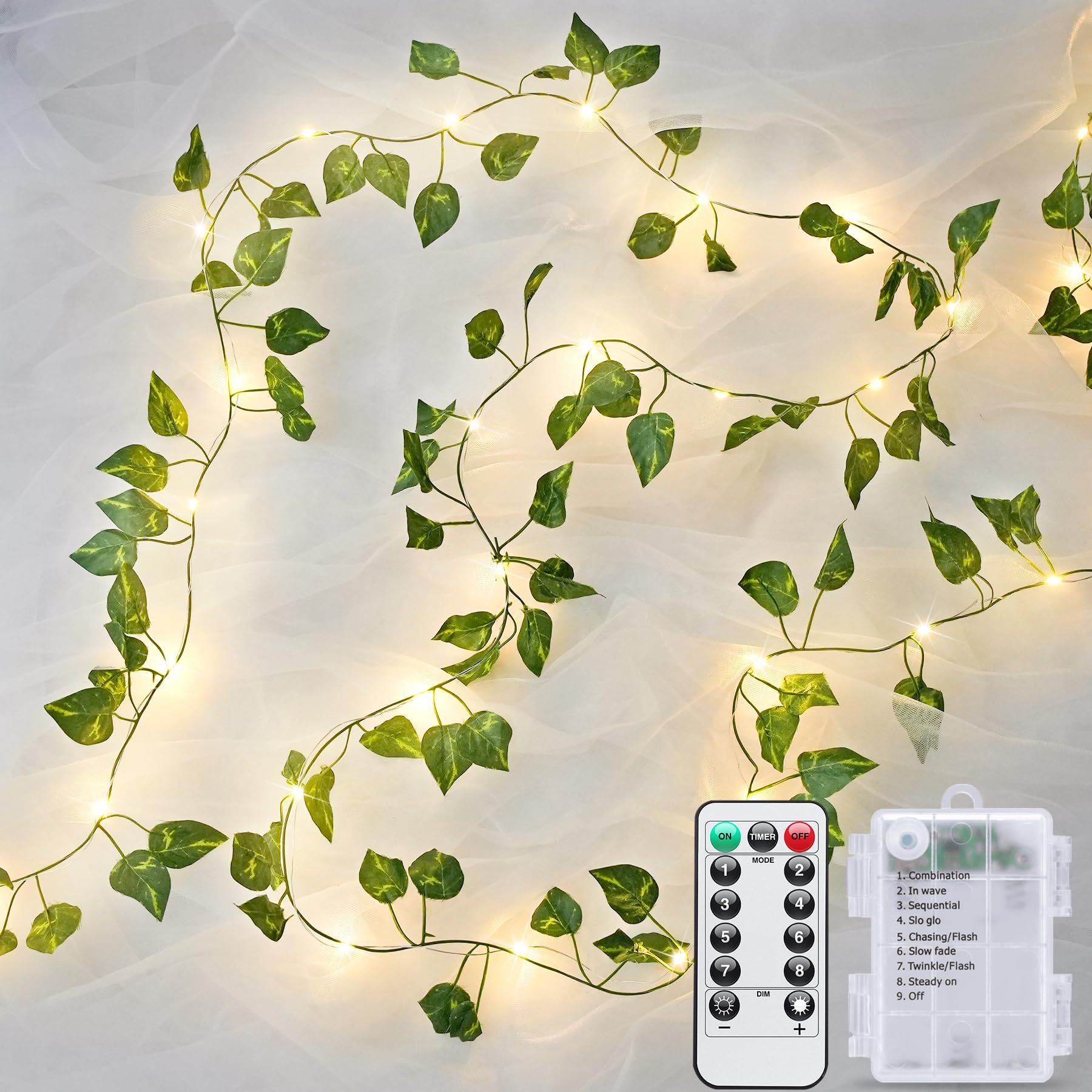 JMEXSUSS 33Ft Vines with Lights Battery Operated  100 LED Pothos Leaf Vine Lights for Bedroom Wall Room Party Wedding Decoration (Warm White)