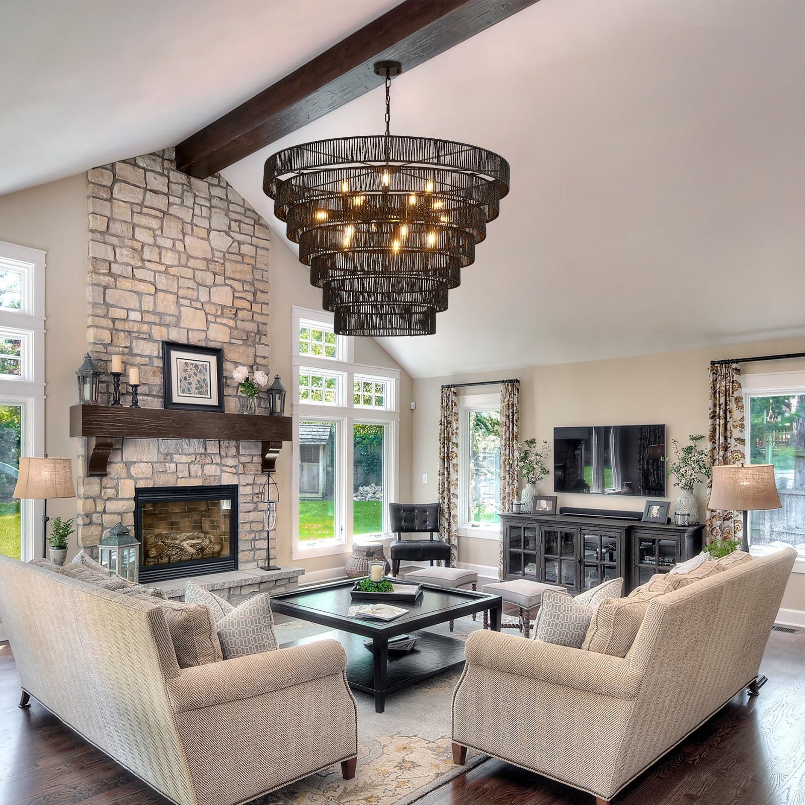 Yomecoo 39.4 Large Black Rattan Chandelier Vintage Farmhouse 15-Lights Boho Hand-Woven Bamboo Chandeliers Light Fixture Rustic D