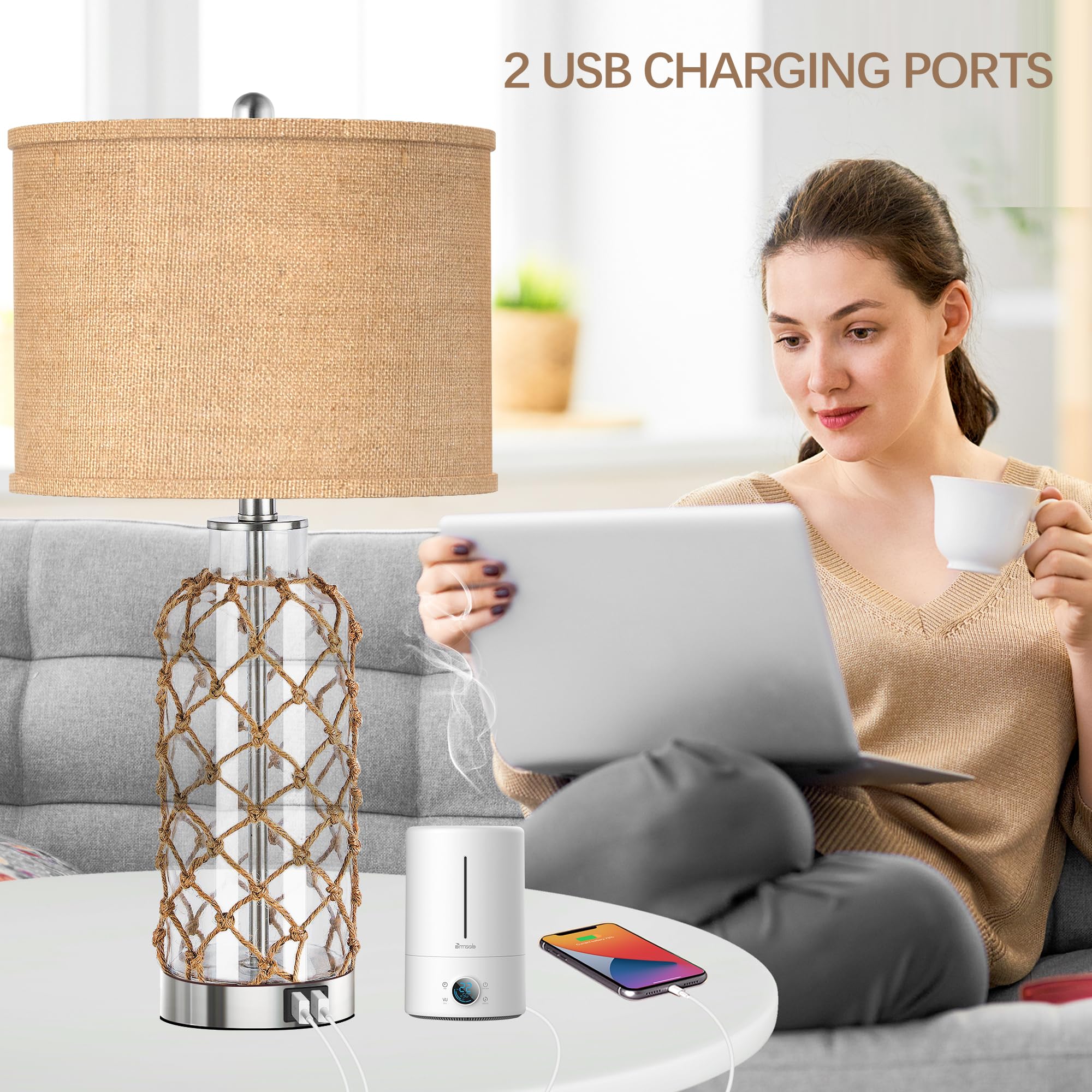 PARTPHONER Modern Coastal Table Lamp, Clear Glass, 3-Way Dimmable, 2 USB Ports, Model TL015C-BKLT