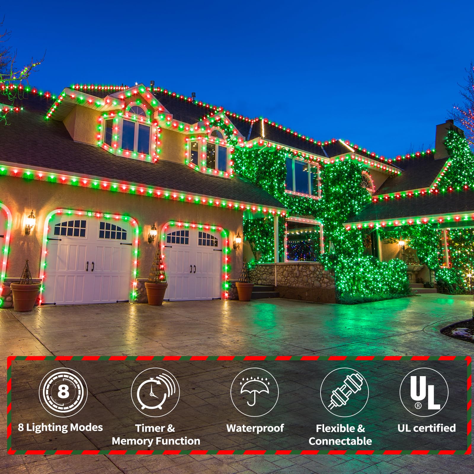 Jnaurb 150ft LED Rope Lights Outdoor, Waterproof PVC Tube, 1080 LEDs, 8 Modes, Red & Green