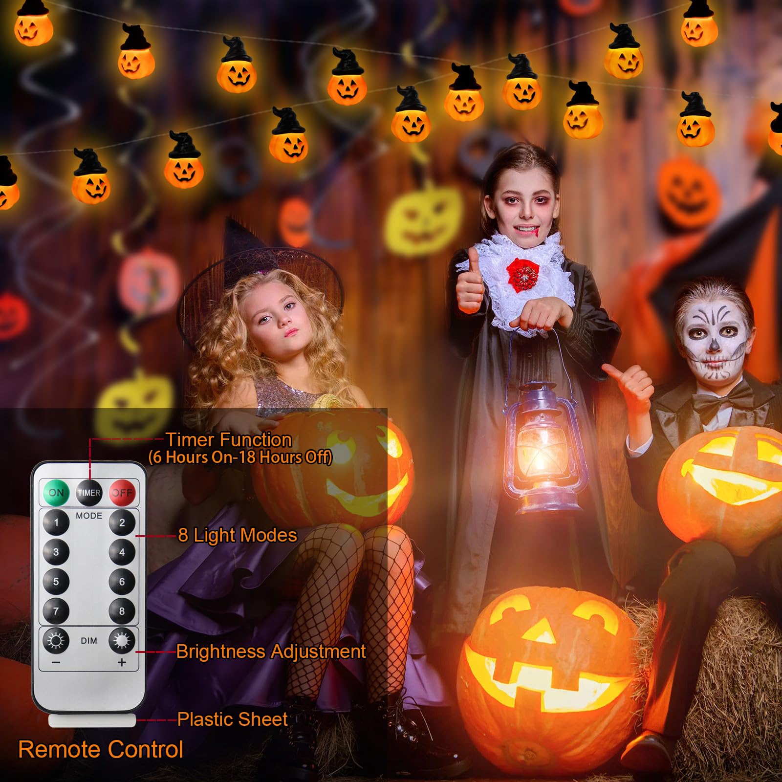 Runleo Halloween Pumpkin String Lights With Witch Hat, 20 Led 16.4Ft 8 Modes Timer 3D Waterproof Orange Jack-O-Lantern Battery Operated Flickering Lights For Indoor Outdoor Decor Party Decorations