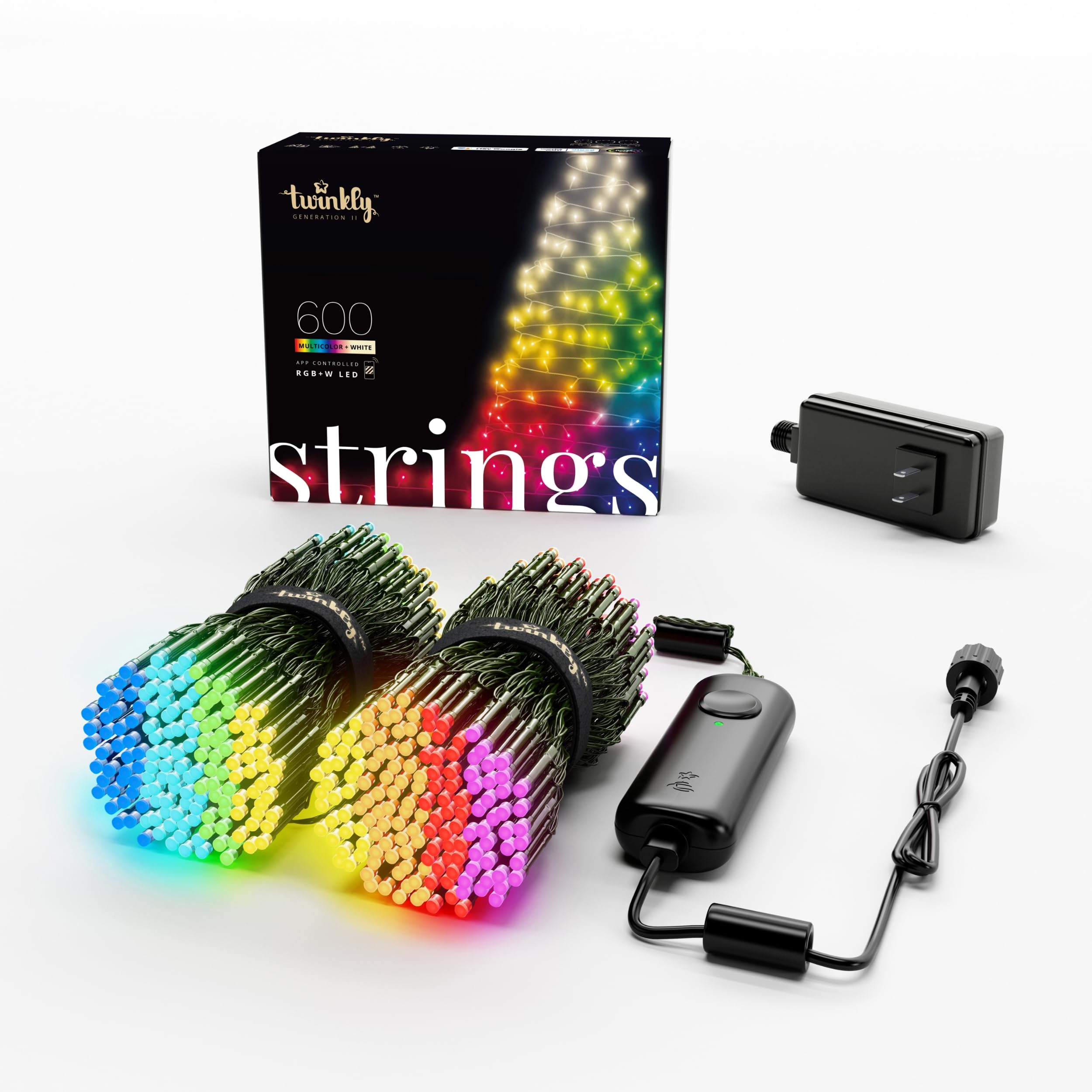 Twinkly Strings 600 LED RGB+White, LED Light String, in- and Outdoor Smart Multicolor LED Lights, Mappable LEDs, Compatible with Alexa, and Google Home, IP44, Black Wire, 157.5ft