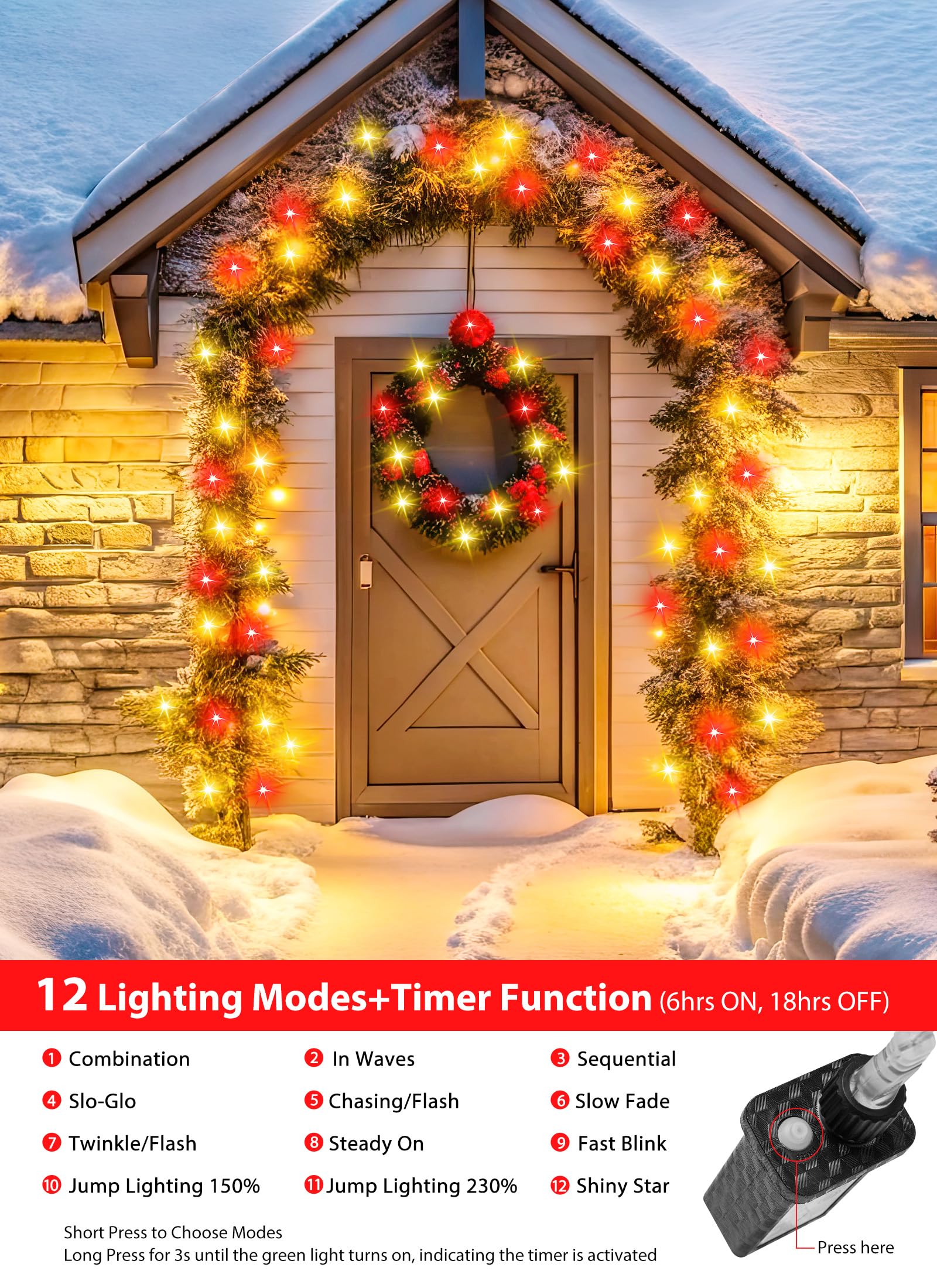Minetom Christmas Cluster Lights - 200 LED 10FT Twinkle Fairy Lights, Waterproof, Red & Warm White, 12 Modes, Plug-in