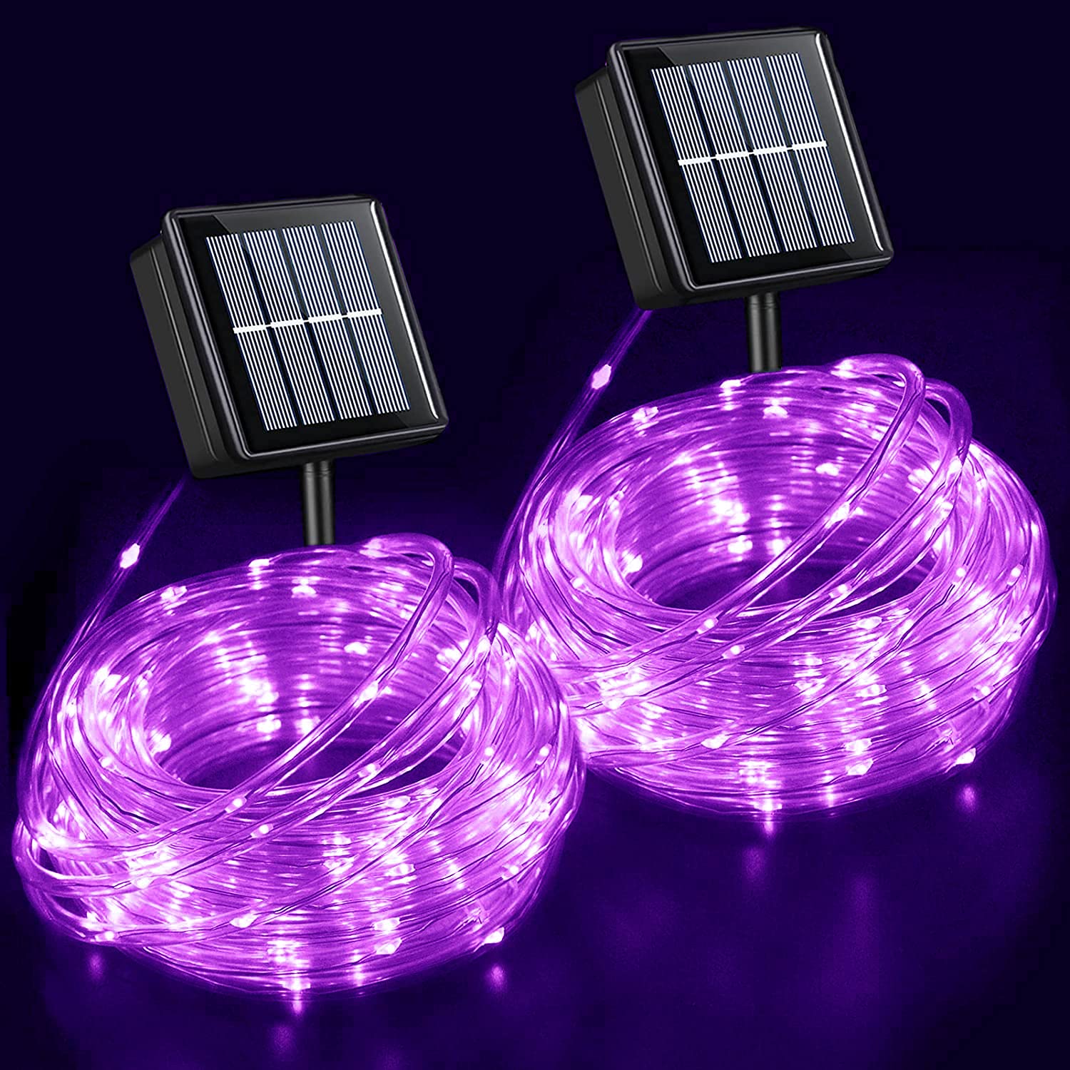 YEGUO 2 Packs Each 33ft 100 LED Solar Rope Lights Outdoor Waterproof, Purple String Lights for Outside, 8 Modes Fairy Lights in 