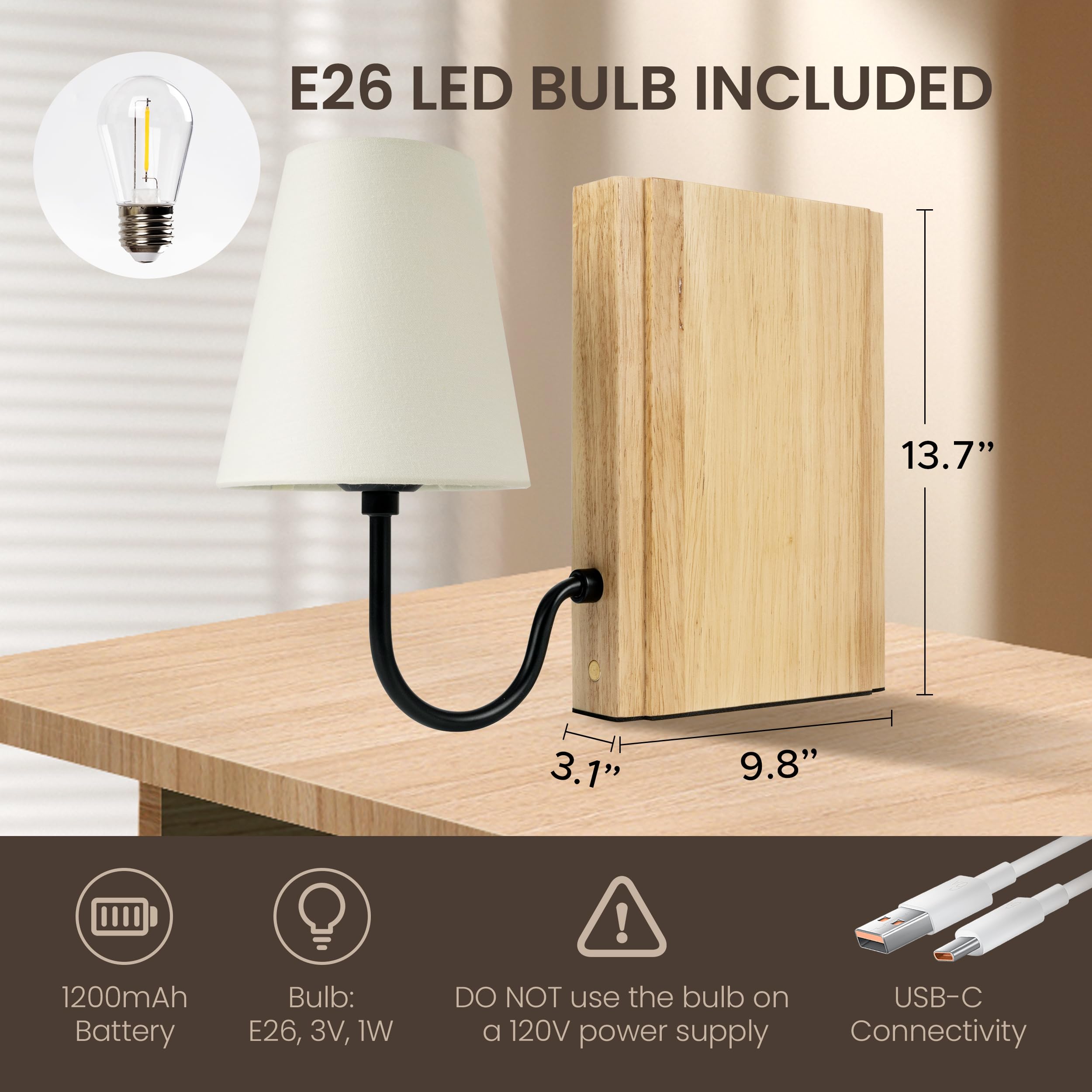 AELS Wooden Bookshelf Lamp, Cordless Touch Dimmable, Rechargeable Model, Natural Finish, Modern Decorative Table Lamp for Home & Office