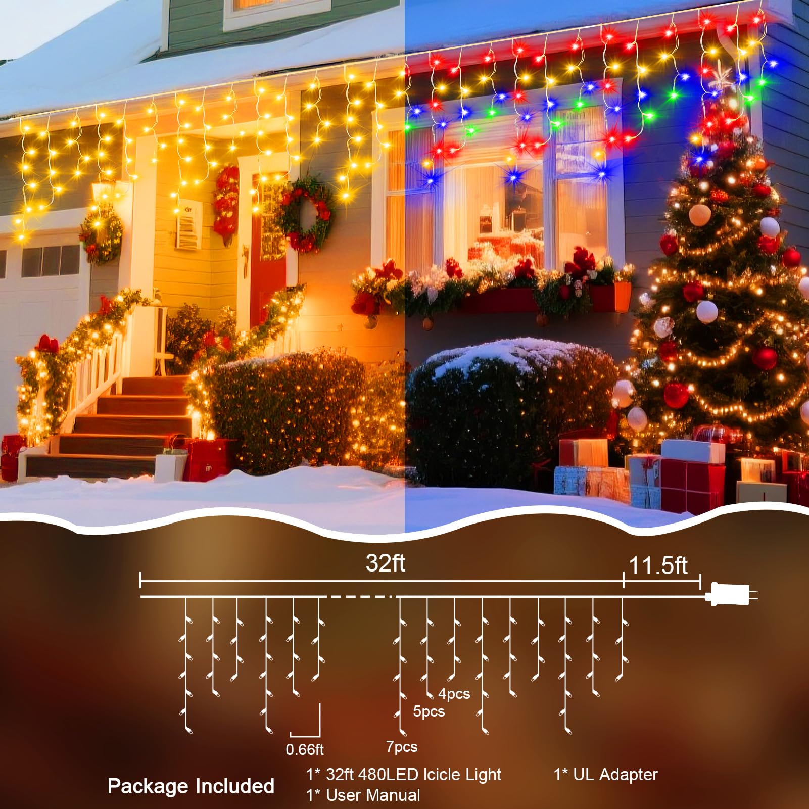 Jdgjyds 49 Ft Ice Light For Outside  480 Led Christmas Lights Outdoor Plug In  Christmas Ice Lighting With 11 Modes & Timer For Holiday  Party  Wedding  Patio  Outdoor Decor(Warm+Multicolor)