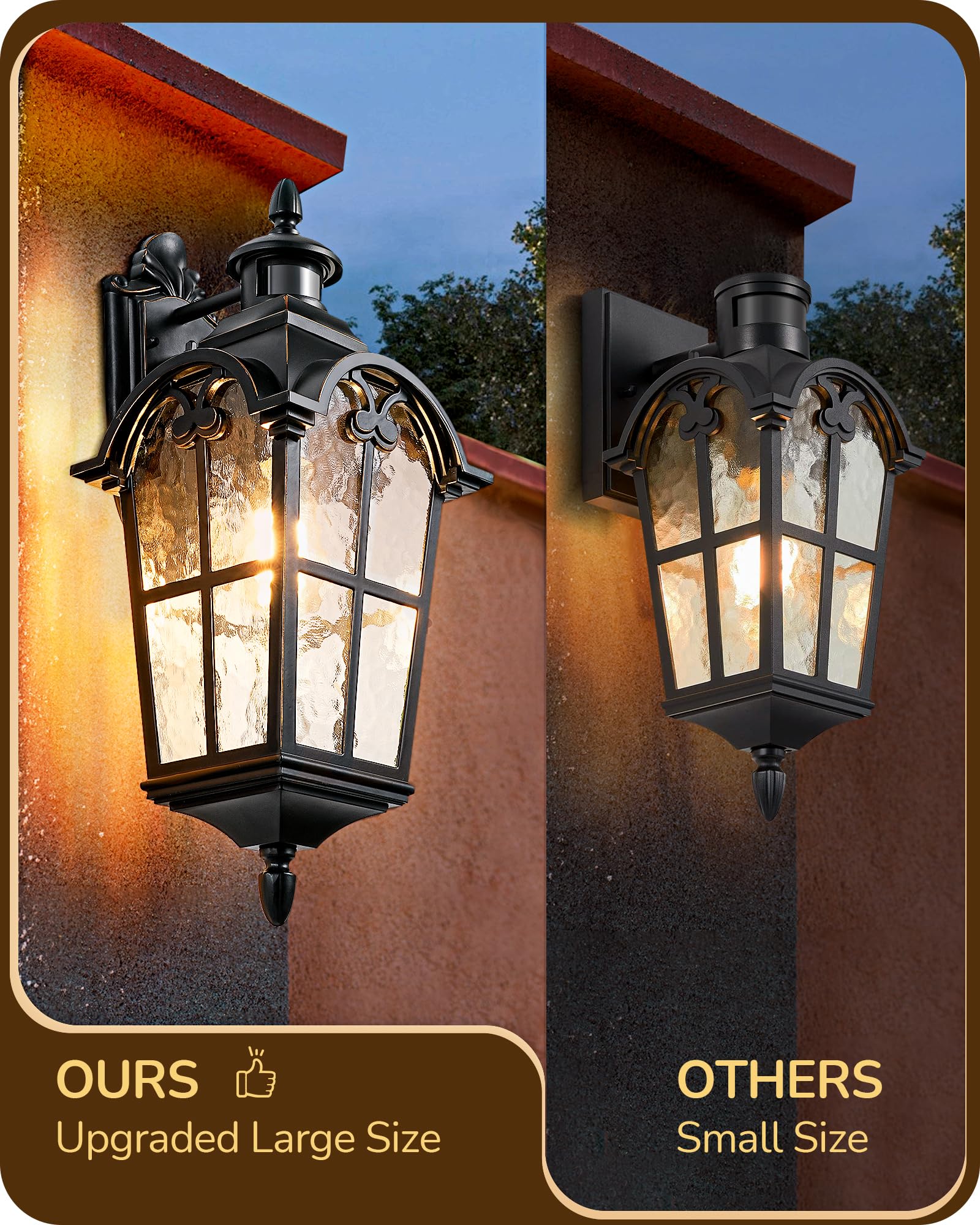 EDISHINE 20.2 Large Motion Sensor Outdoor Wall Lights, Dusk to Dawn Exterior Sconce with Water Ripple Glass, Waterproof Outside