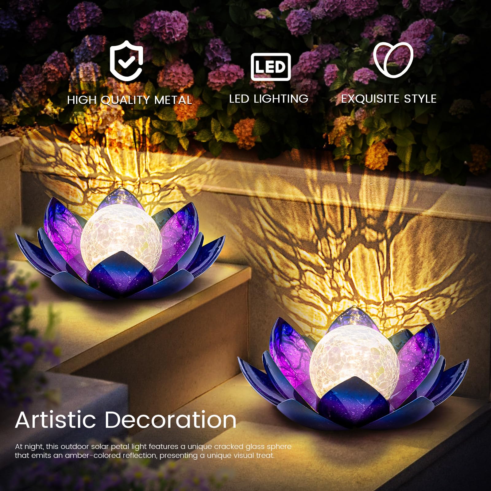Huaxu Solar Lights For Outdoor Decor, Purple Lotus Flower Light, Waterproof Led Crackle Globe Glass Lamp For Garden, Patio, Yard