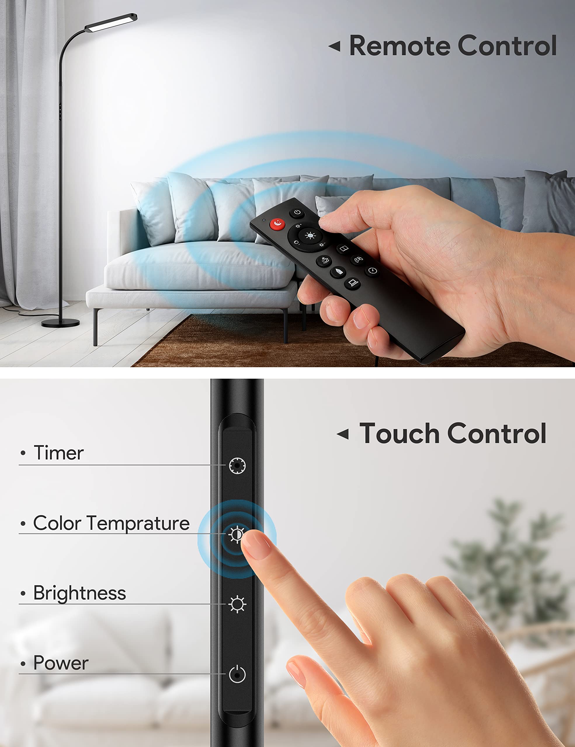 MediAcous LED Floor Lamp - Dimmable Standing Lamp with Remote, 5 Colors, 1H Timer, Iron, Black, Model ME-FL01