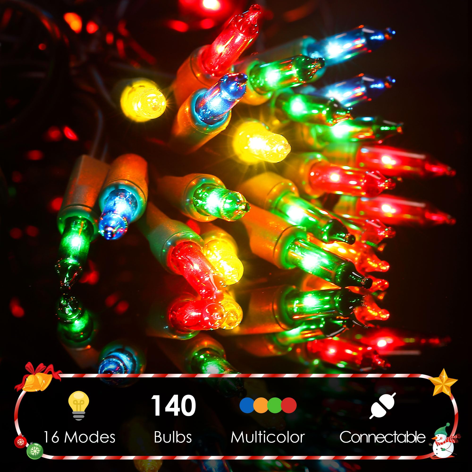 Gulfmew Christmas Lights - 16 Function Controller, 140 Mini Bulbs, 34 ft, Multicolor, Indoor Twinkling, UL Certified, IP44 Waterproof