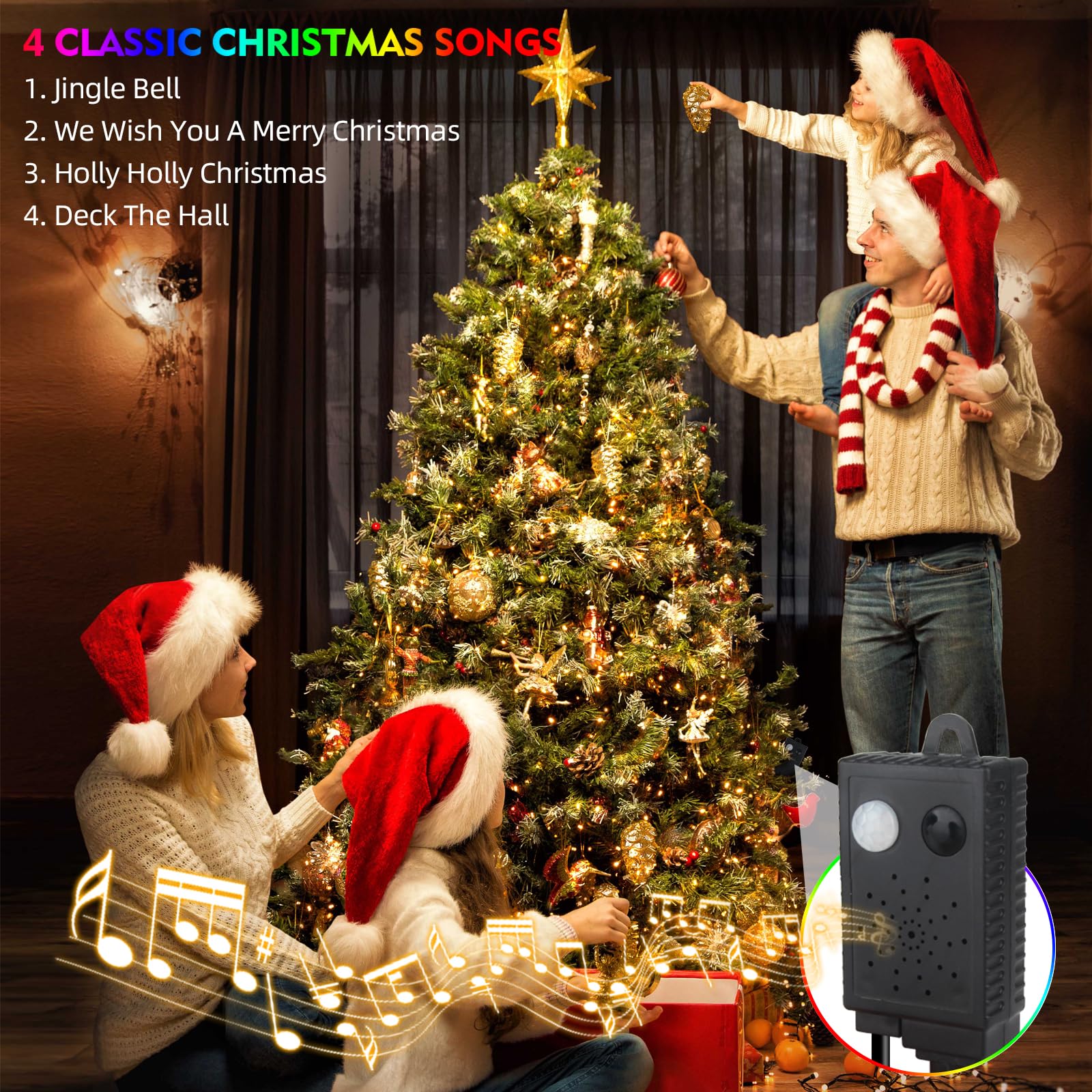 MZD8391 Motion Sensor Music Christmas Lights, 108FT, 300LED, Warm White, Indoor/Outdoor, Model QL300AE
