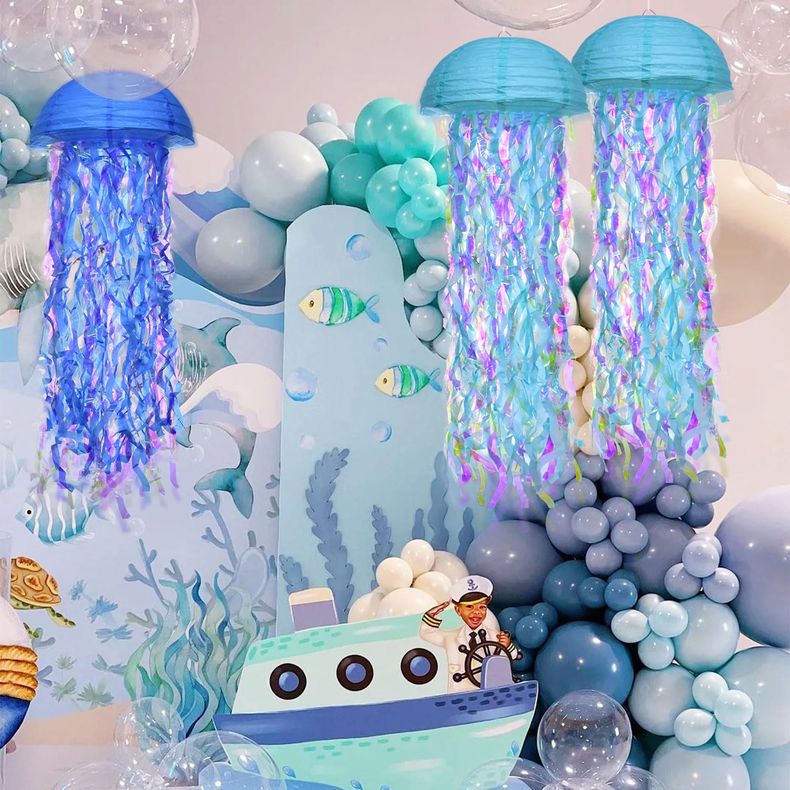 Hanging Jellyfish Paper Lanterns - Hoyechi Gradient Colorful Decor For Mermaid Theme Party, Ocean Birthday, Baby Shower, Nursery, Set Of 6
