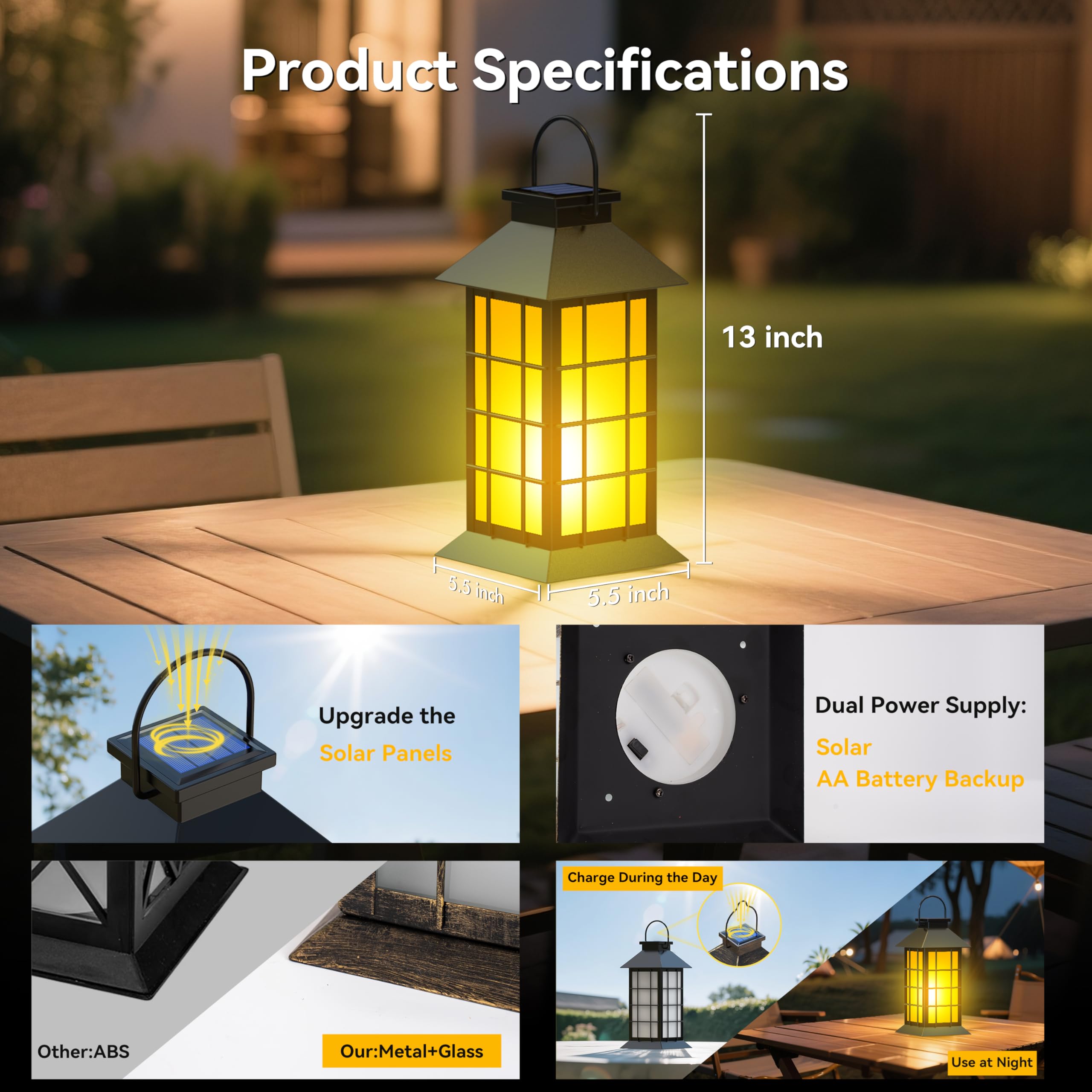 anyperfect 2 Pack Solar Lanterns - 13" Black Metal & Glass with Flickering Flame - Waterproof Outdoor Garden Lights
