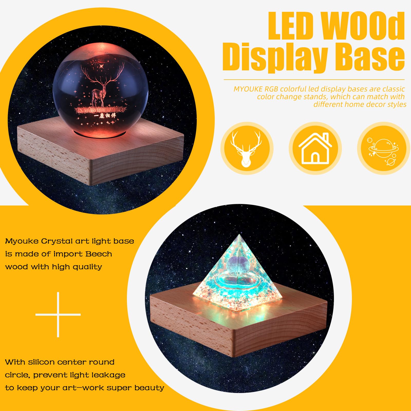 Myouke 4 Inch Square Led Light Base Display Base Lighted Display Stand,16 Colored Usb Light Table Light Base Wood Crystal Light