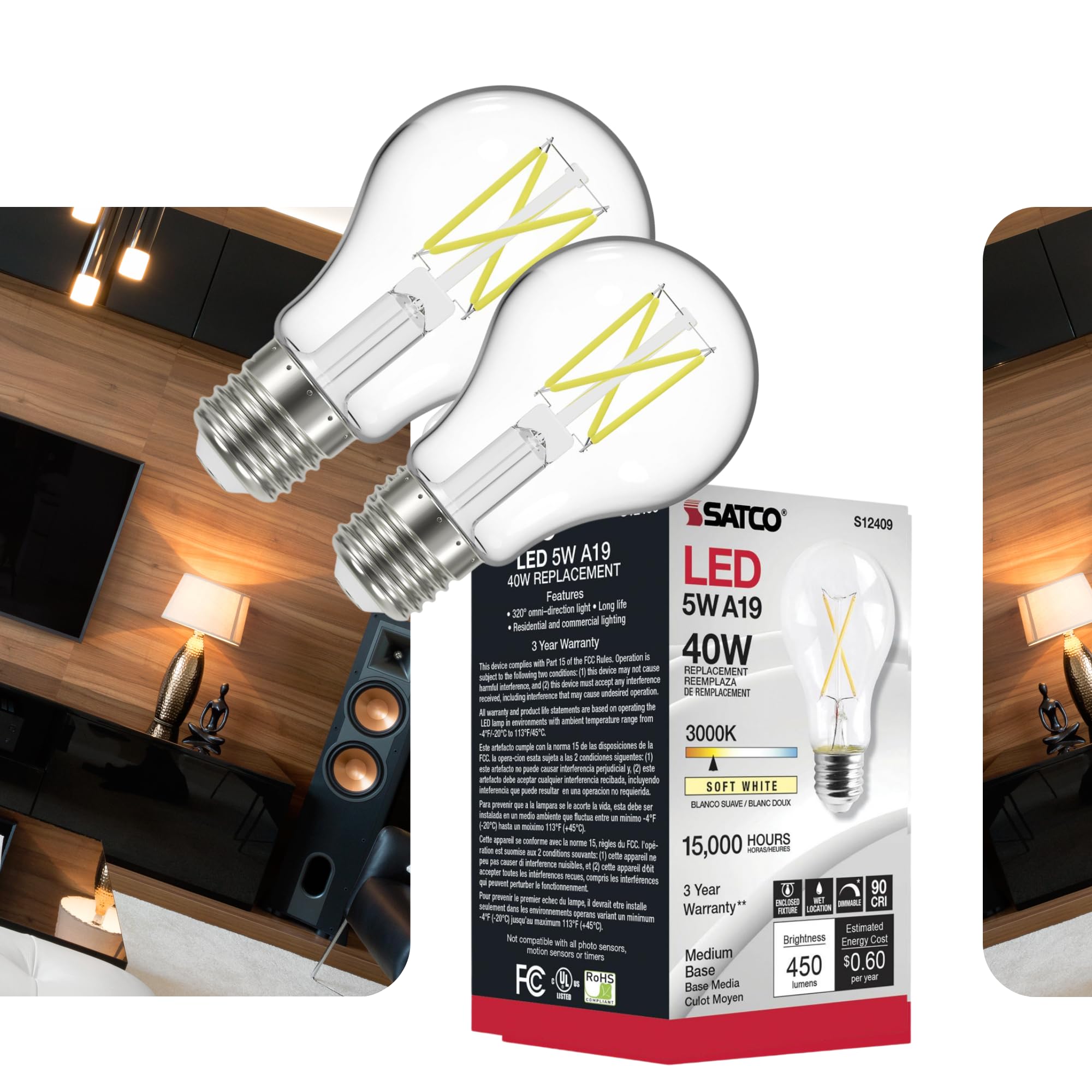 Satco S12409-5 Watt Led A19 Bulb, Clear Medium E26 Base, 3000K Soft White, 90 Cri, 450 Lumens, Dimmable, Rated For Enclosed Fixt