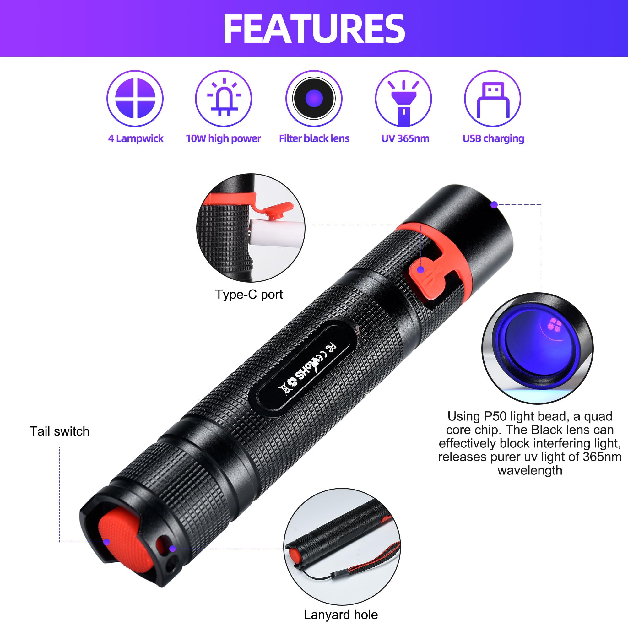 DARKBEAM UV Flashlight 365nm Mini LED Blacklight, USB Rechargeable, Aluminum, Portable for Pet Urine Detection & Curing Resin