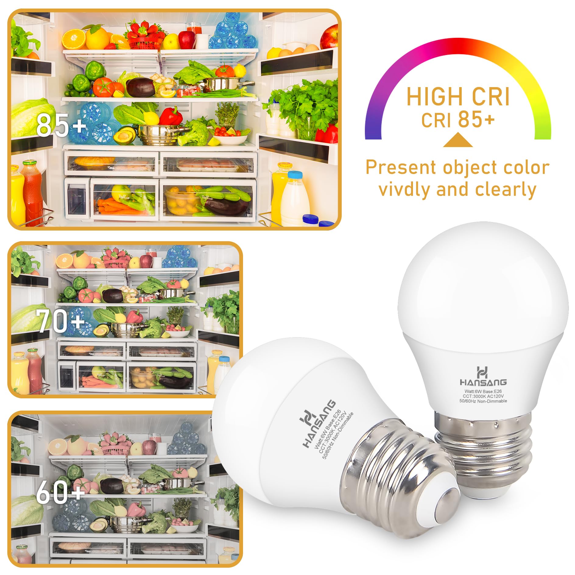 Hansang Led Refrigerator Light Bulb E26 Base, 3000K Soft White, 6W Waterproof Appliance Bulb 60Watt Equivalent, A15 Small Fridge