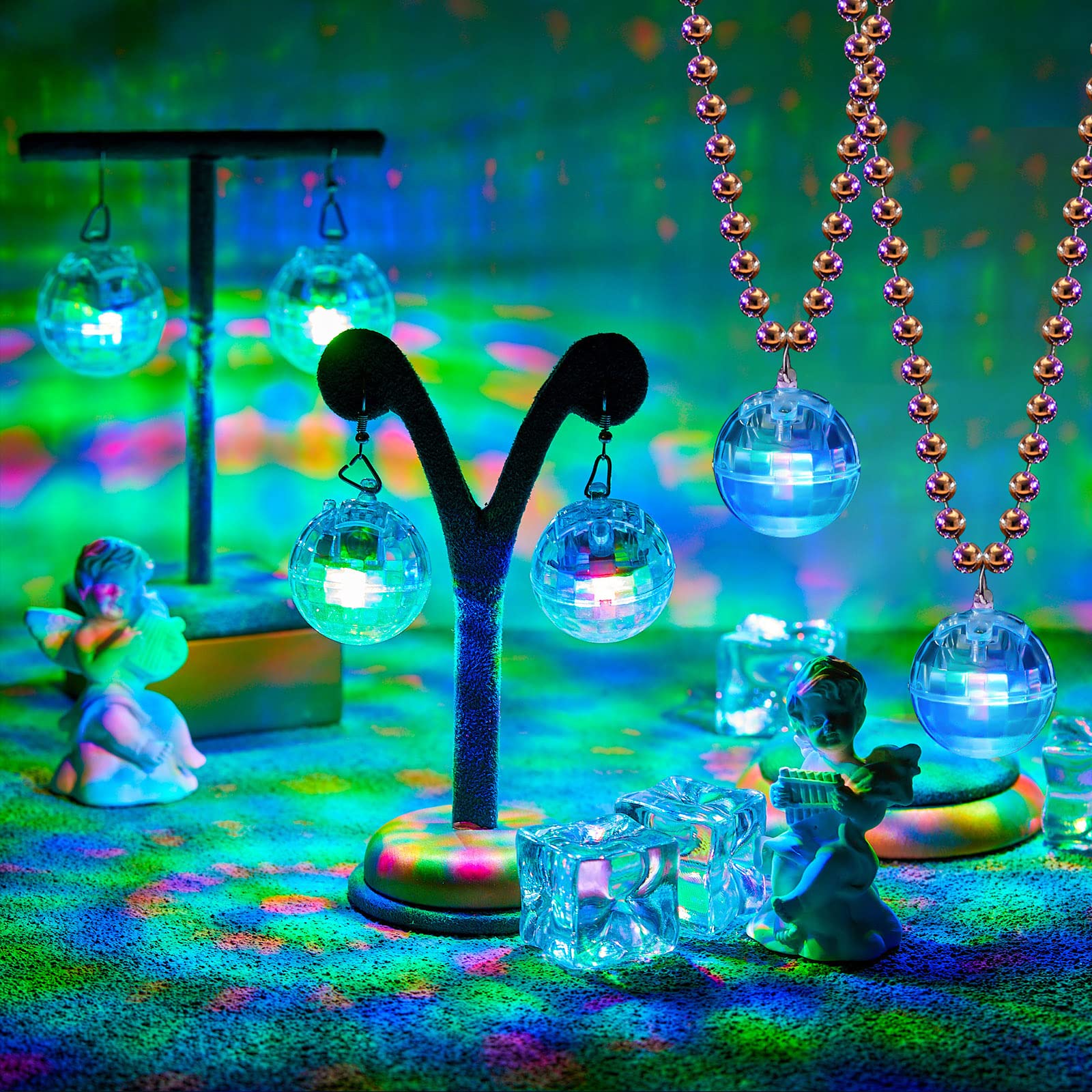 Sasylvia 2 Pcs Led Disco Ball Necklaces Light Up Disco Party 70S Necklace And 2 Pairs Light Up Disco Ball Earrings Sets For Birt