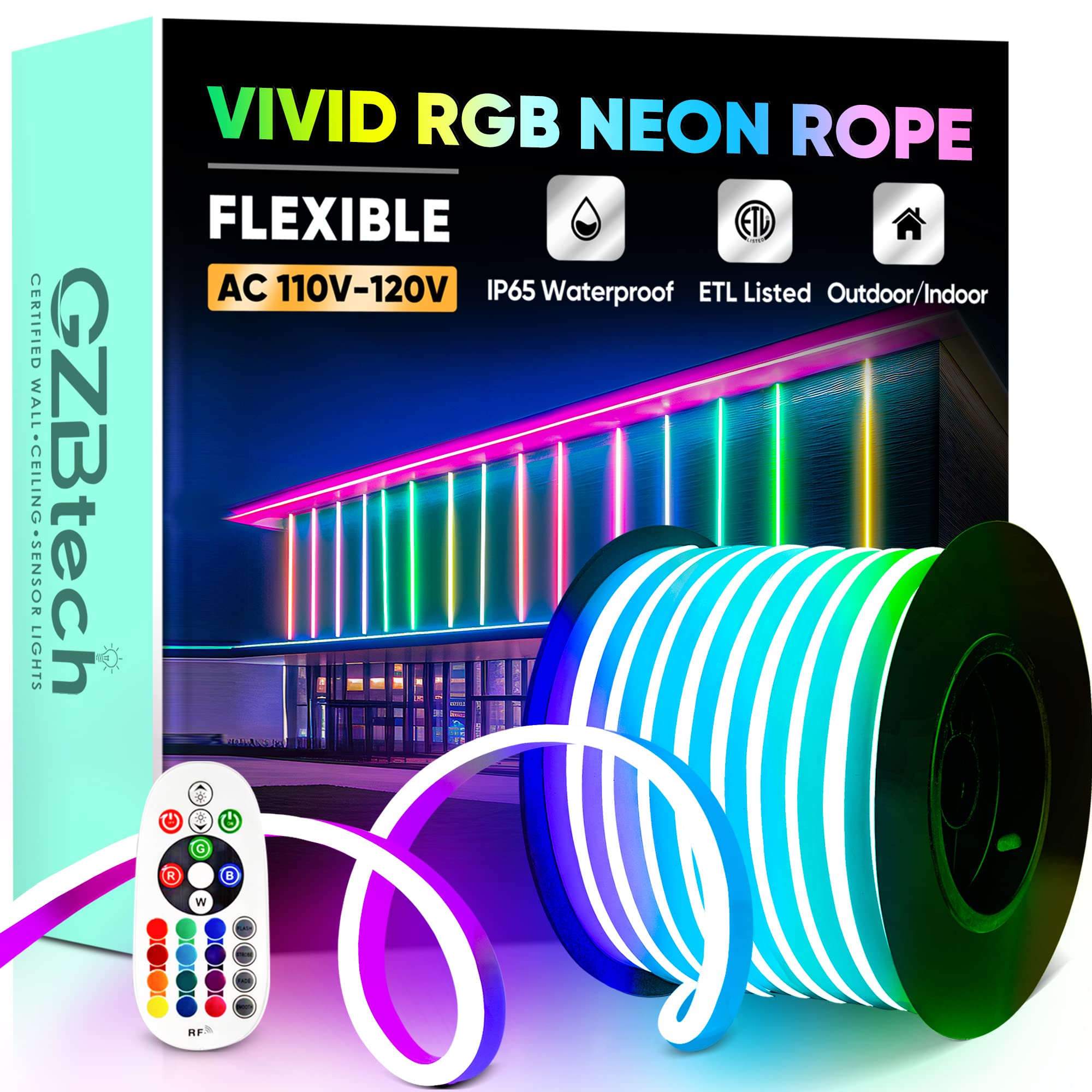 Gzbtech Rgb Led Neon Rope Lights 82Ft/25M  Ac 110-120V Waterproof Color Changing Led Rope With Remote Controller  Dimmable Multi Color Neon Rope Lighting For Indoor Outdoor Commercial Use