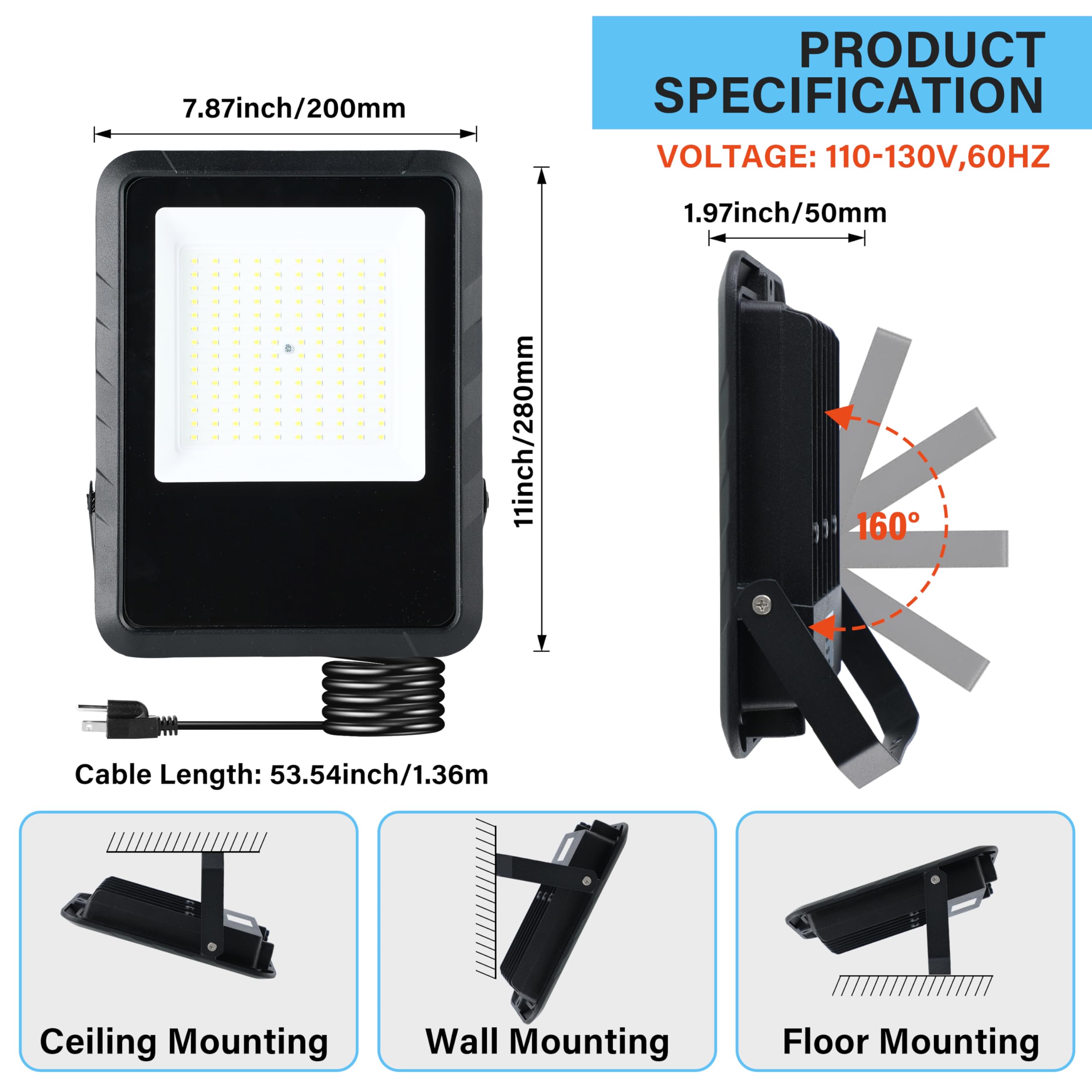 Simple Deluxe 2 Pack 100W Flood Lights Outdoor, 10000Lm Daylight White Led Work Light With Plug, Ip65 Waterproof, 6500K Floodlig