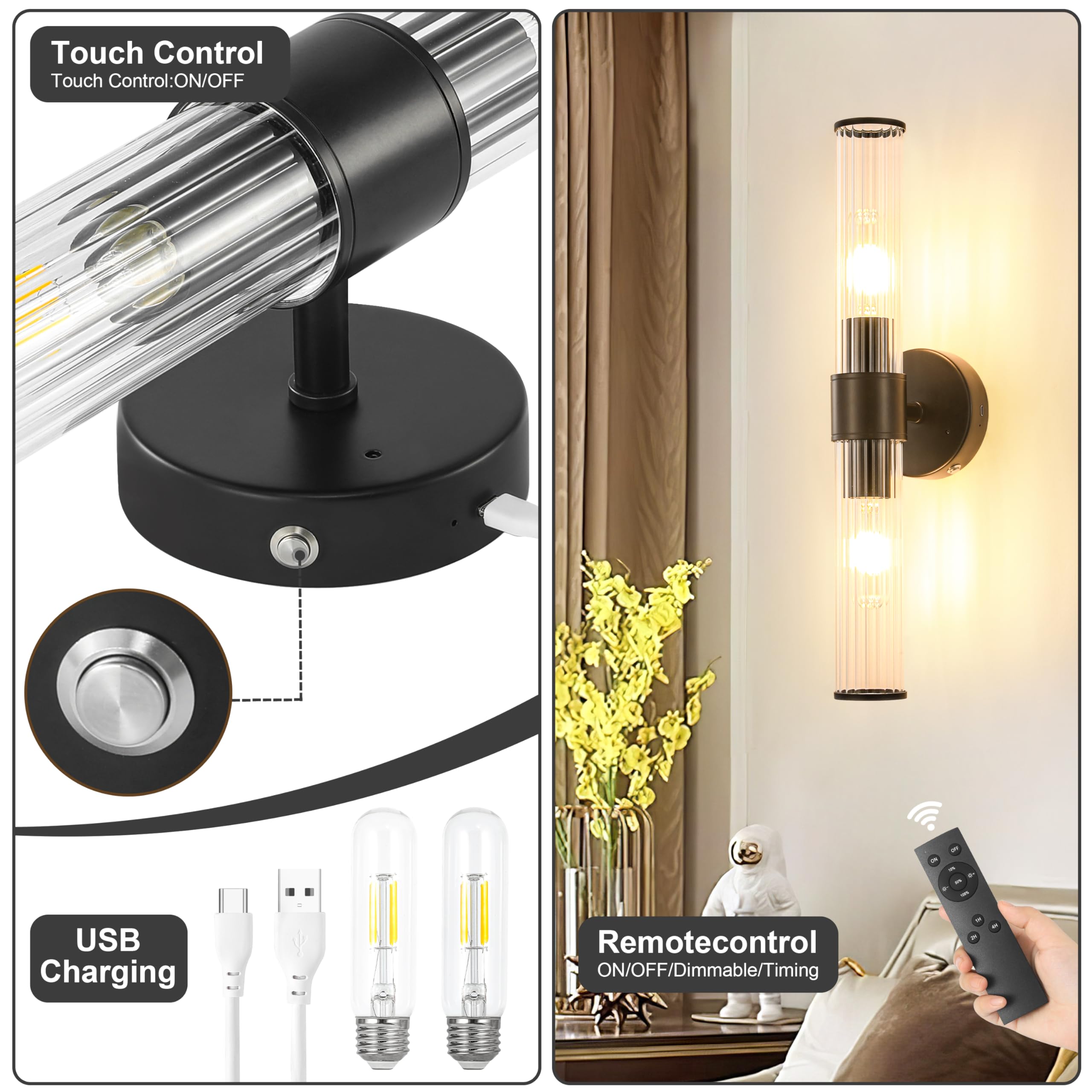 Battery Operated Wall Sconces Set of 2, Rechargeable Wall Lights with Dimmable Remote Control, 20 Modern Sconce Wall Lighting, B