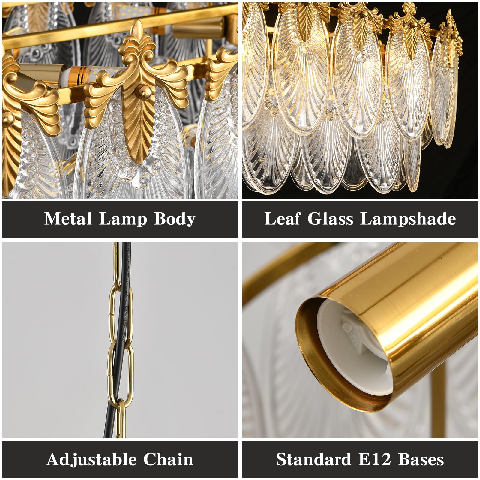 Keluoly Rectangular Crystal Glass Chandelier, L33.5'' Brass Gold Chandelier Lighting Fixture, Height Adjustable Oval Ceiling Pen