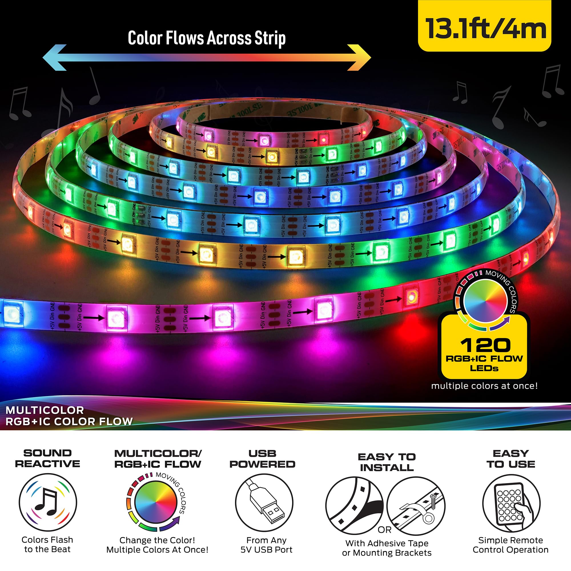 Monster 13.1Ft Color Flow Multi-Color Led Light Strip, Indoor, Fun Flash Mode, Remote Control, Xtreme Easy Assembly