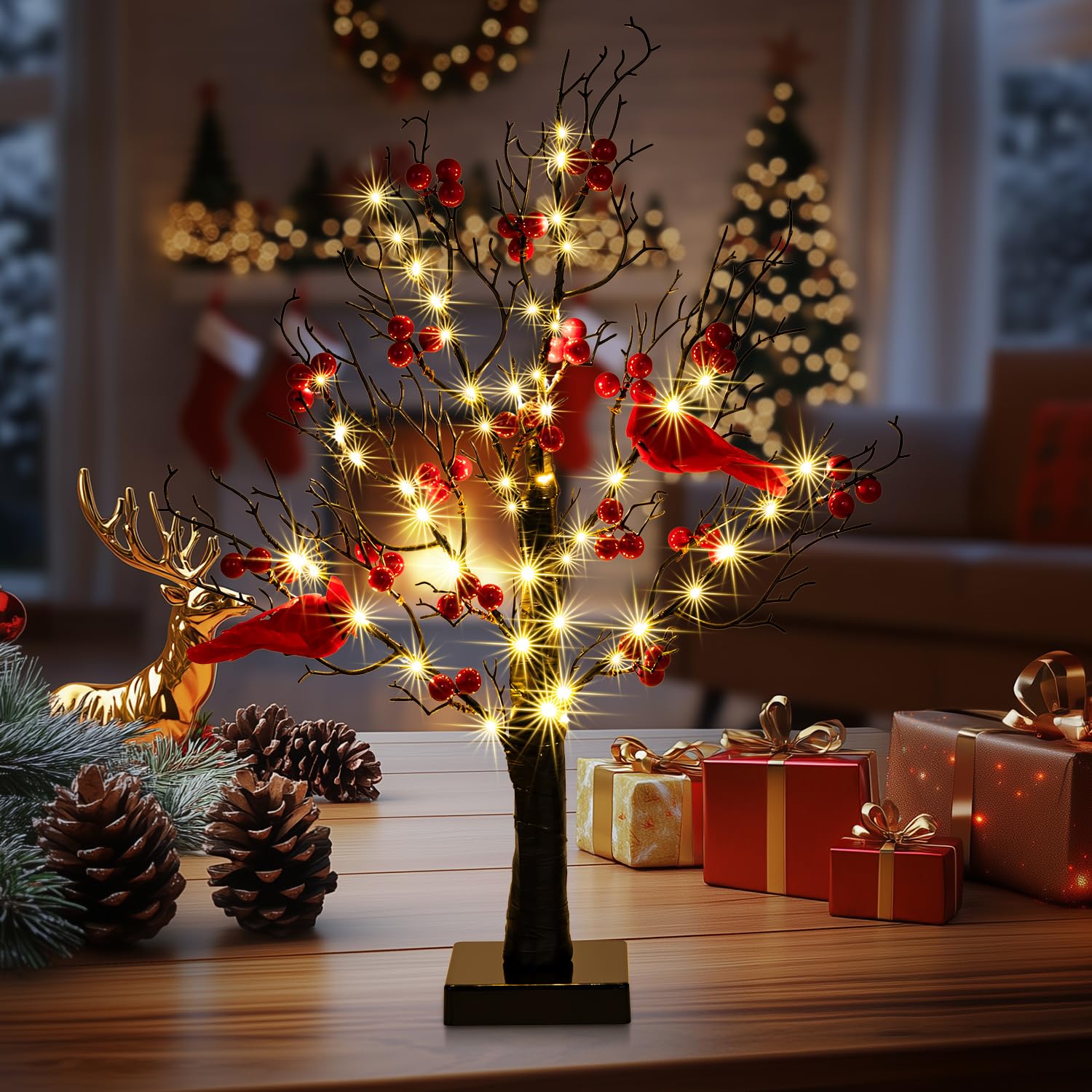 NILUTO Vintage Glowing Table Tree with LED Lights, 21 inch, Black, Christmas Decoration