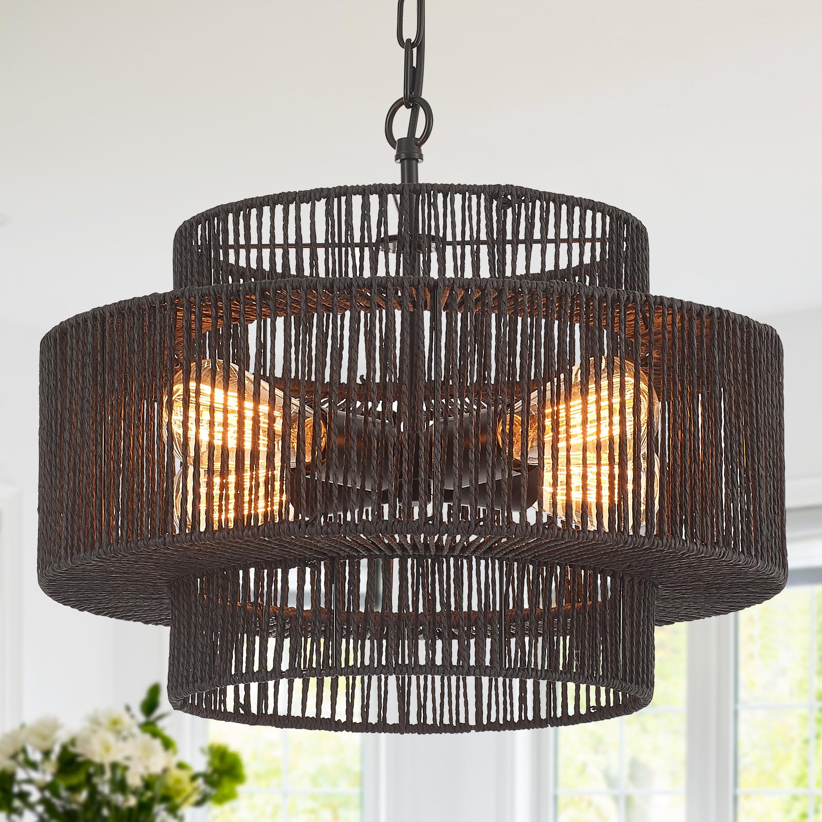 Widluth 17.7&quot; Rattan Chandelier Light Fixture Vintage 4-Lights Farmhouse Boho Hand-Woven Bamboo Chandelier Retro 3-Tier Drum Wicker Rattan Black Chandelier For Dining Room, Kitchen, Bedroom