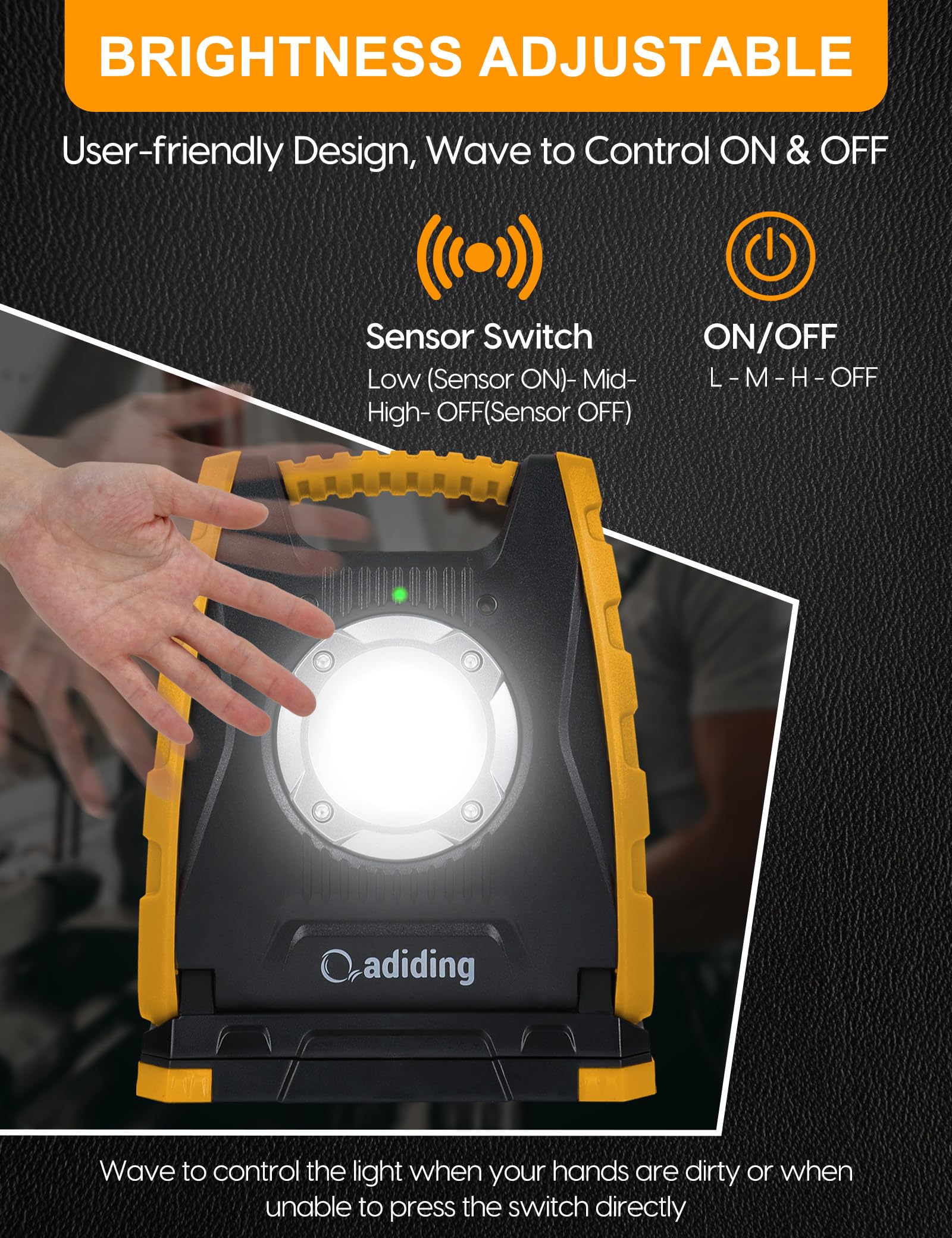 Adiding Rechargeable Led Work Light 4400Mah, Portable Flood Light Underhood Work Light With Sensor & 360 Rotation Magnetic Base,