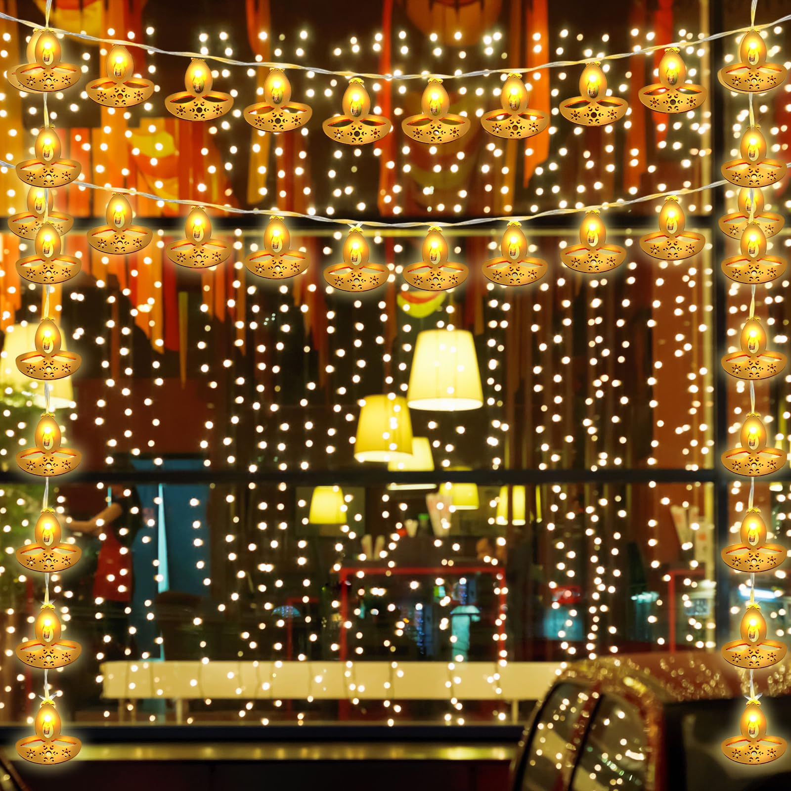 Retisee 20 FT Diwali String Lights 40 LED Lights Diya Lights Happy Diwali Decorations Indian Window String Lights for Wall Windo