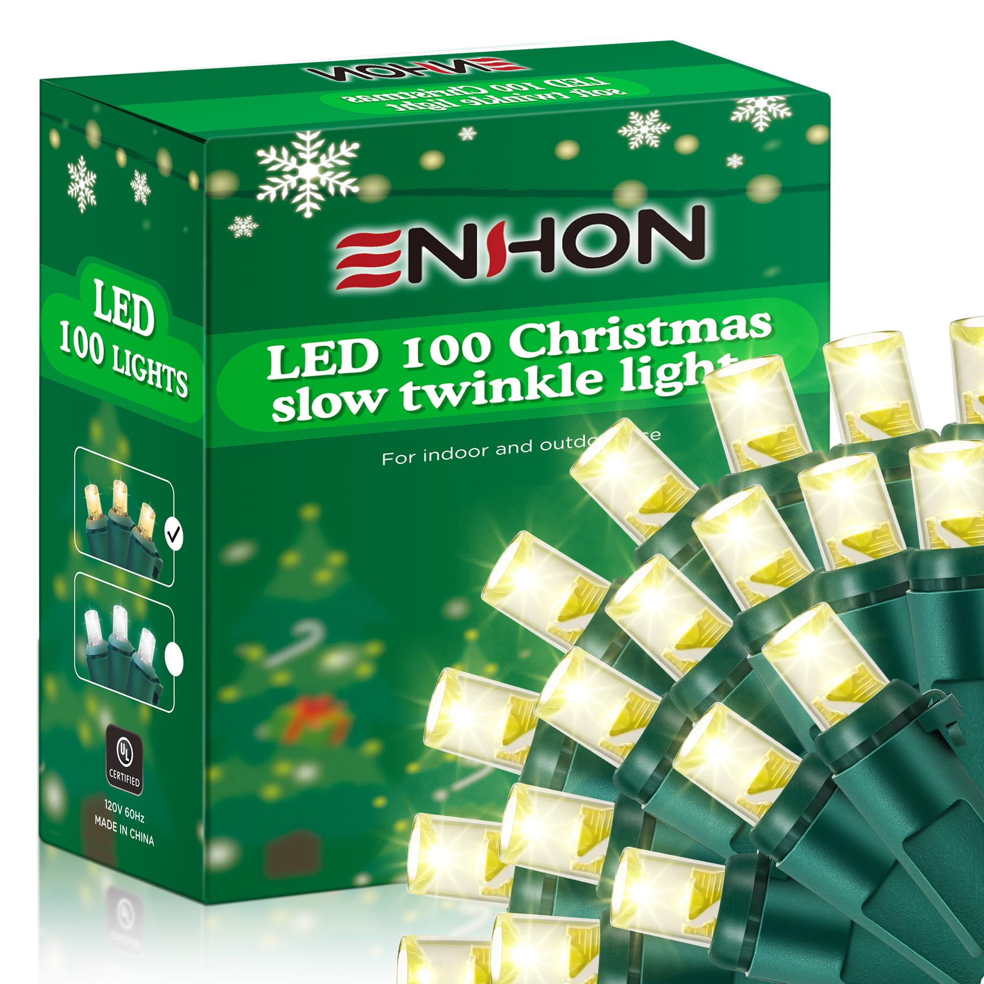 Enhon Slow Twinkling Christmas Lights, 100 Lights 35 Ft Twinkle Lights Pulsing Christmas Lights, 5mm LED Wide Angle Soft Random Shimmering Light Set with Green Wire(Warm White,1 Pack)