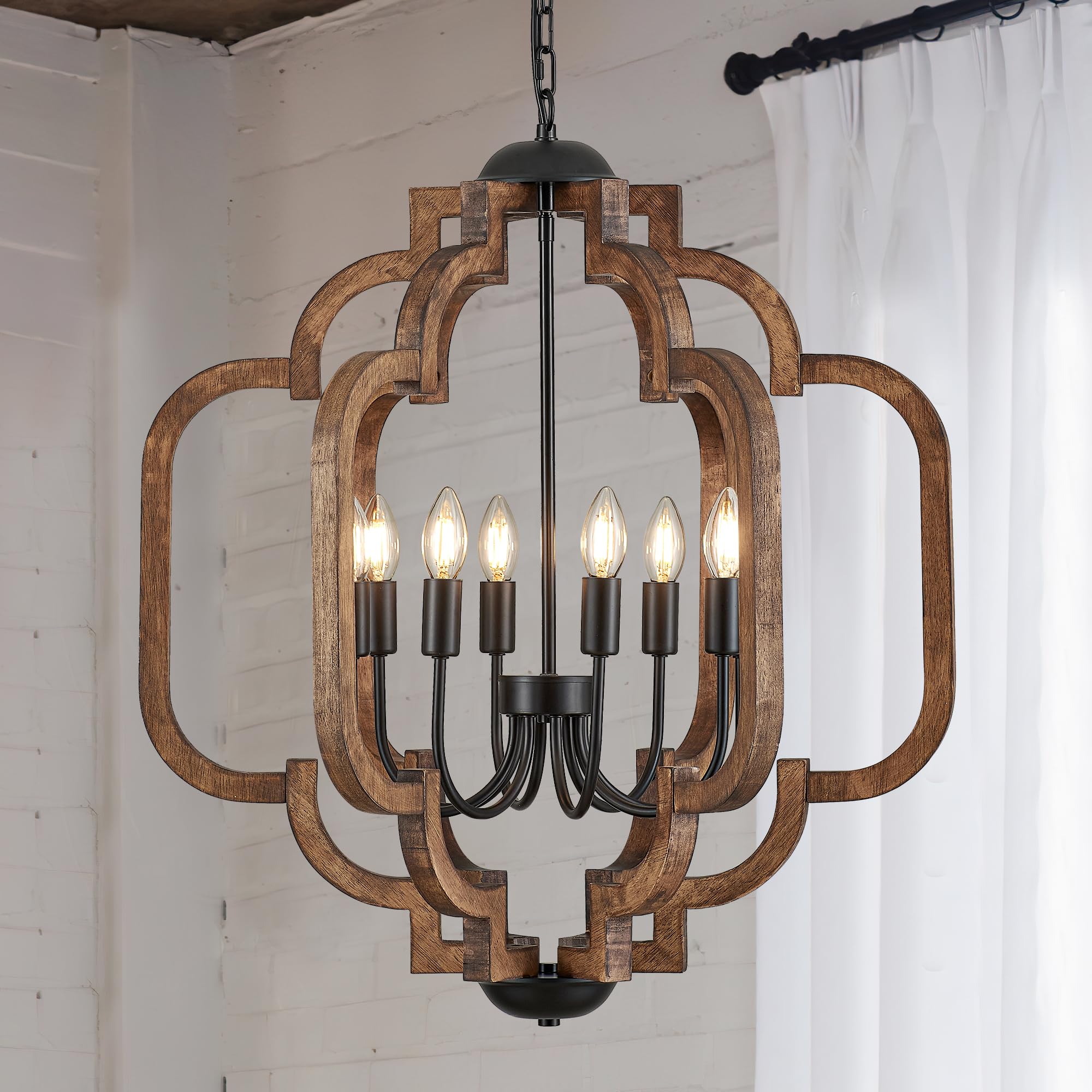 lighceac 24.6'' Farmhouse Vintage Chandelier 8-Light for Dining Room Rustic Handmade Wood Hanging Ceiling Pendant Light Fixture 