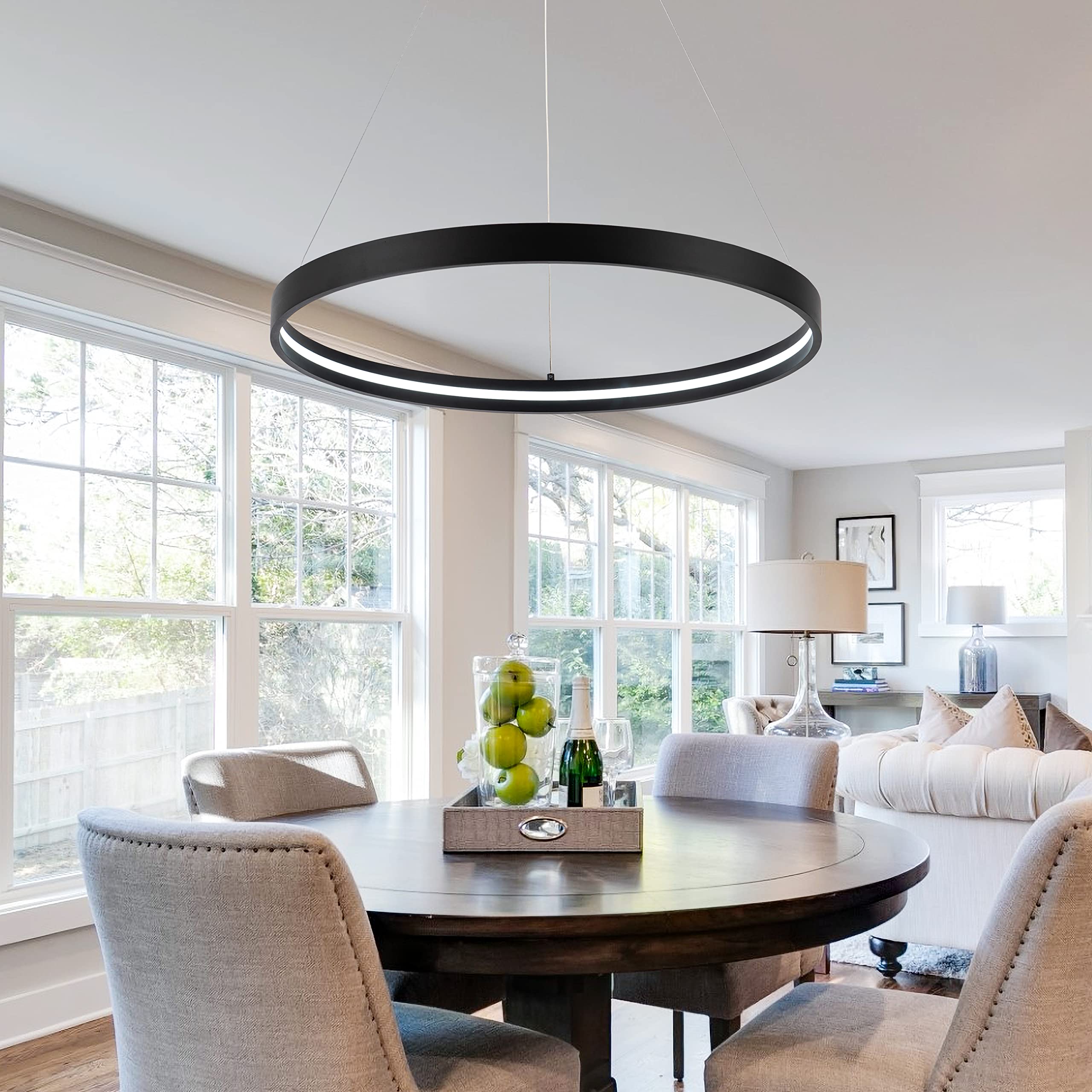 Sunmoo Modern Led Chandeliers Black, Dimmable Contemporary Led Chandeliers 1 Ring, Hanging Led Modern Pendant Light Fixture For